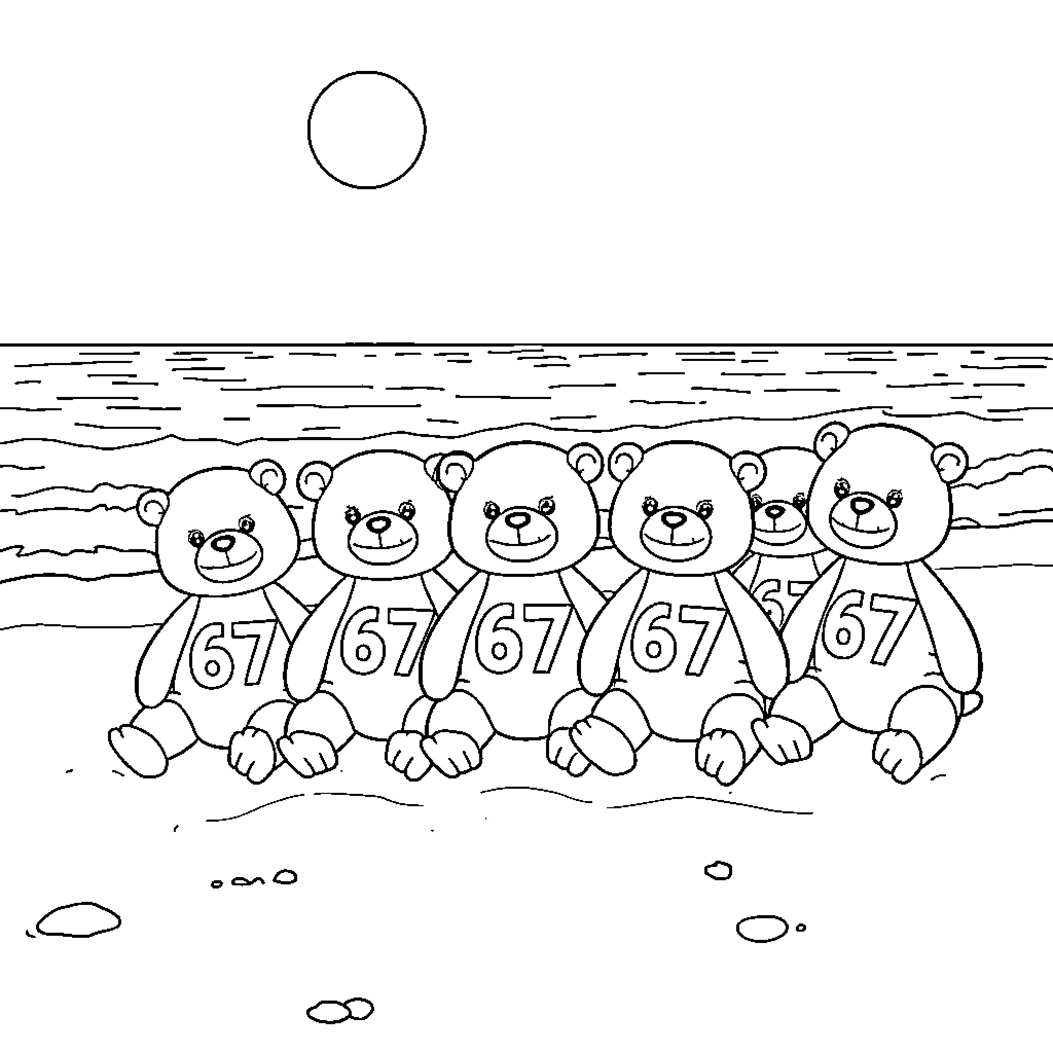 Labubu bears playing together on the beach Coloring Page (free black-and-white line drawing printable PDF for all, from beginners to advanced learners, including children, teens, adults, and seniors)
