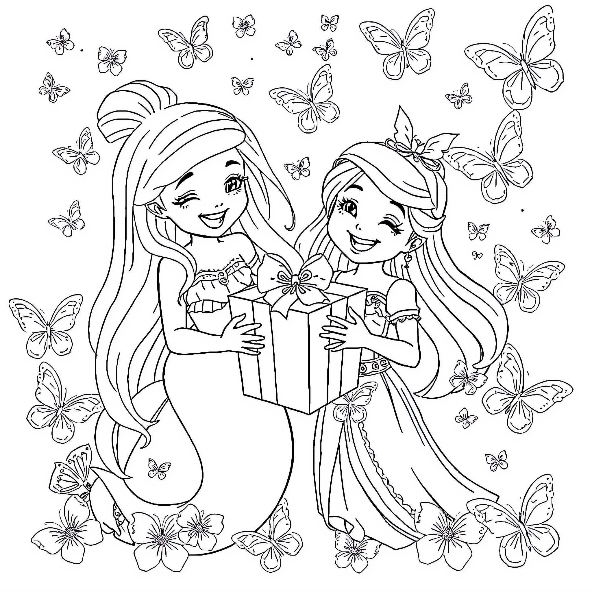 Ariel and Friend Exchanging Gifts Surrounded by Butterflies Coloring Page (free black-and-white line drawing printable PDF for all, from beginners to advanced learners, including children, teens, adults, and seniors)