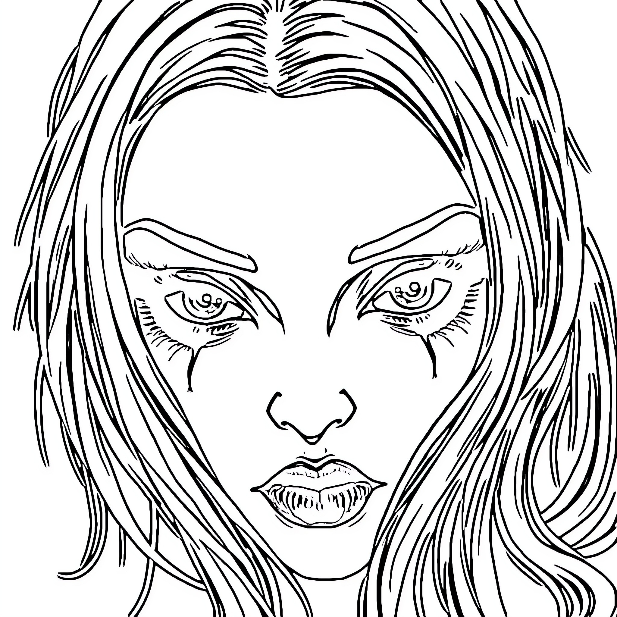 Girl with Expressive Facial Features Coloring Page (free black-and-white line drawing printable PDF for all, from beginners to advanced learners, including children, teens, adults, and seniors)