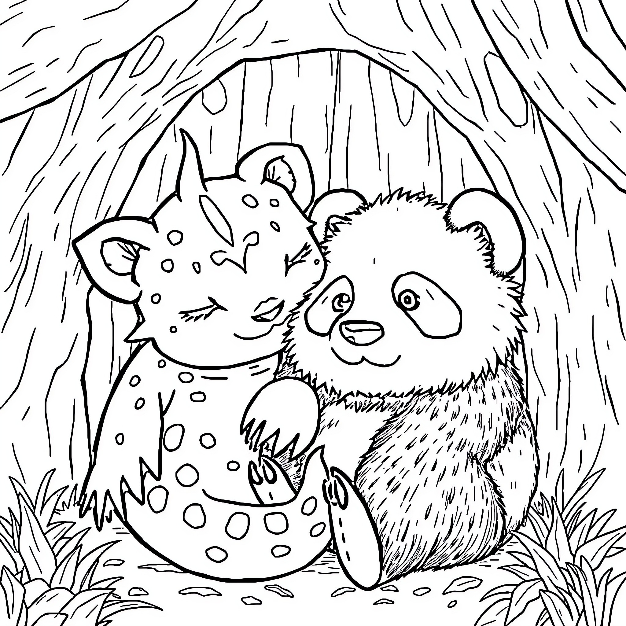 Axolotl and Panda Exploring the Enchanted Forest Coloring Page (free black-and-white line drawing printable PDF for all, from beginners to advanced learners, including children, teens, adults, and seniors)