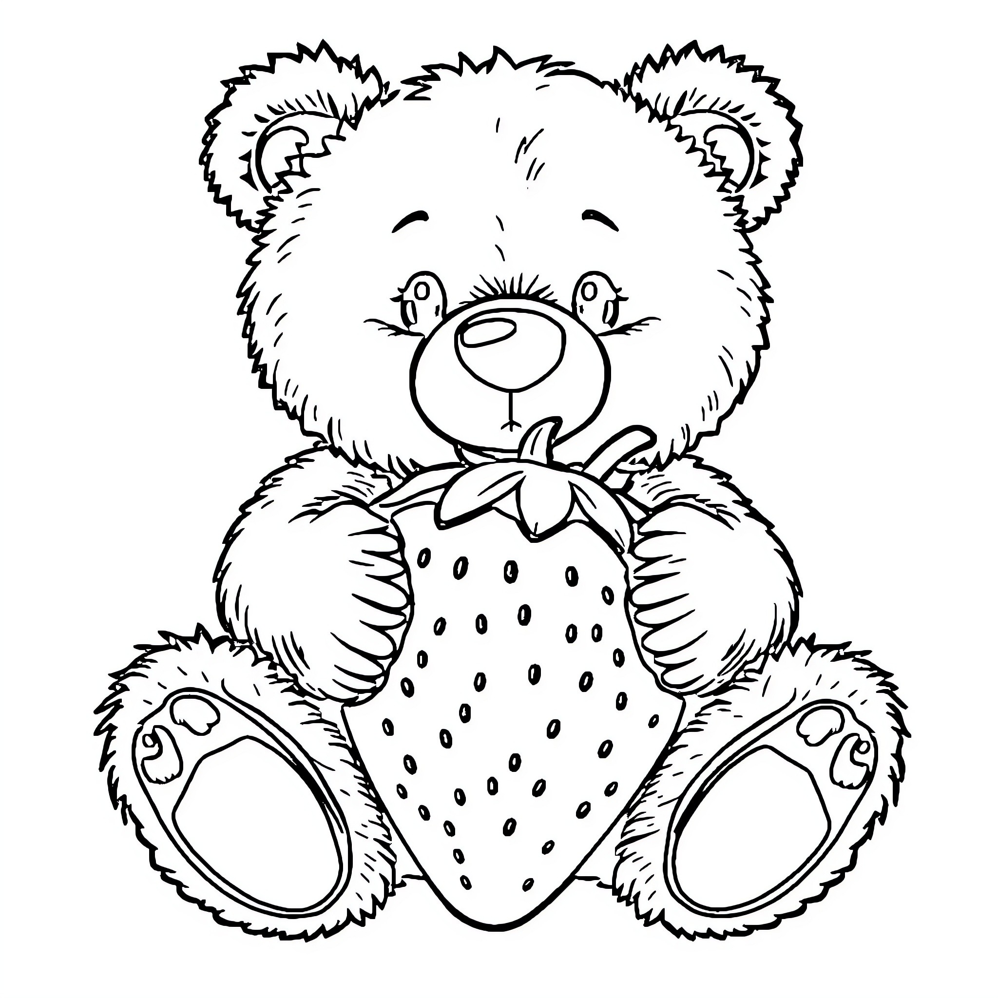Teddy Bear Holding a Strawberry Coloring Page (free black-and-white line drawing printable PDF for all, from beginners to advanced learners, including children, teens, adults, and seniors)