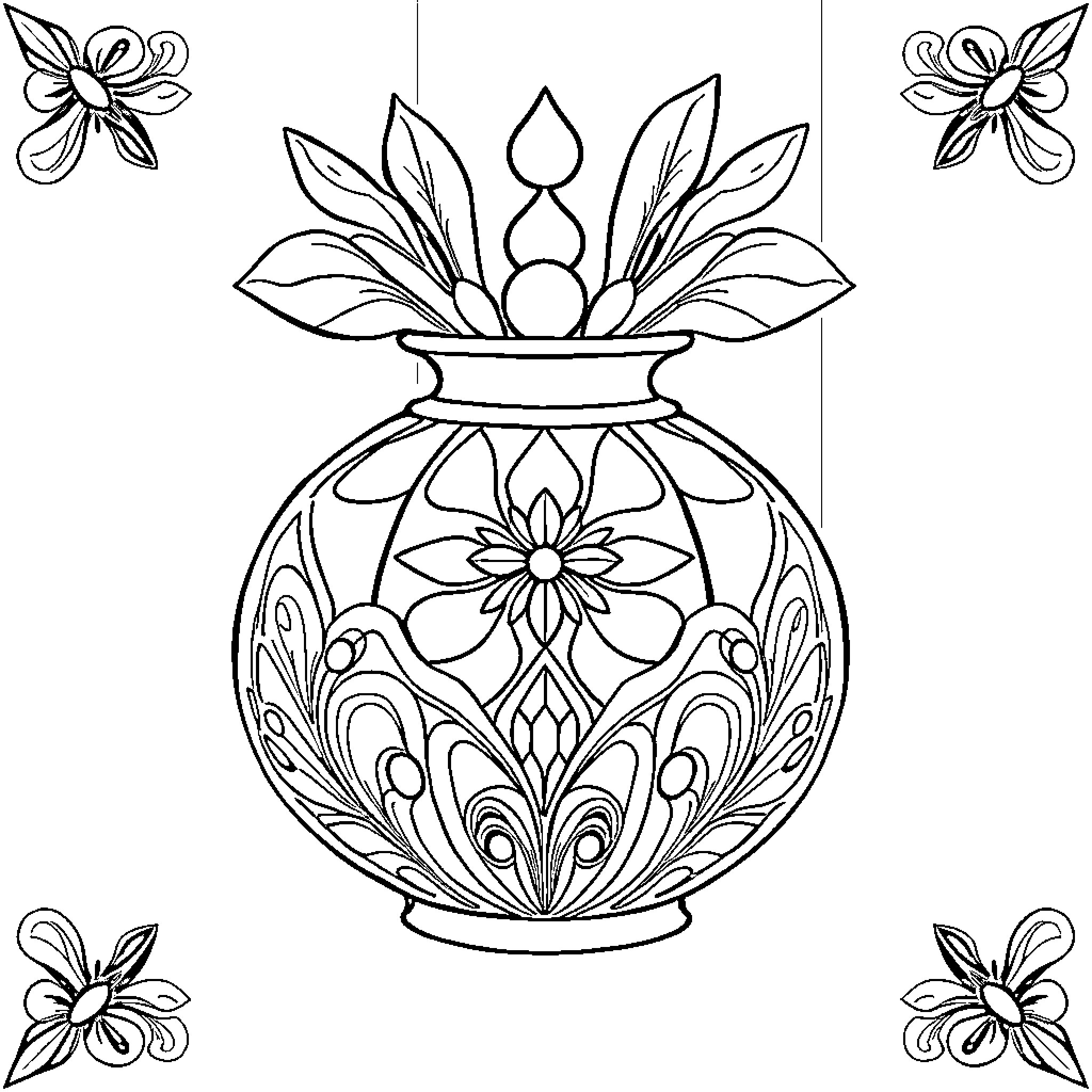 Art Deco Vase with Ornamental Floral Design Coloring Page (free black-and-white line drawing printable PDF for all, from beginners to advanced learners, including children, teens, adults, and seniors)
