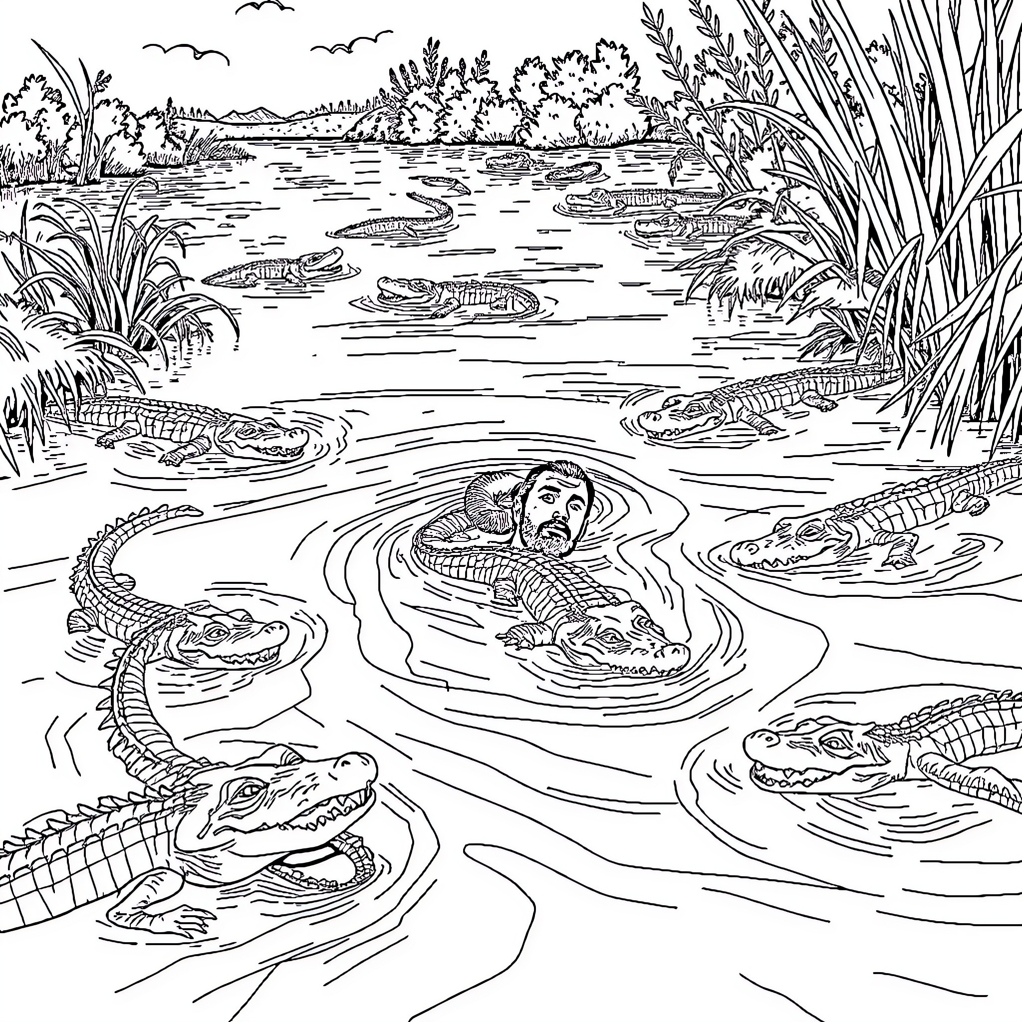 Man surrounded by alligators in a swampy river Coloring Page (free black-and-white line drawing printable PDF for all, from beginners to advanced learners, including children, teens, adults, and seniors)