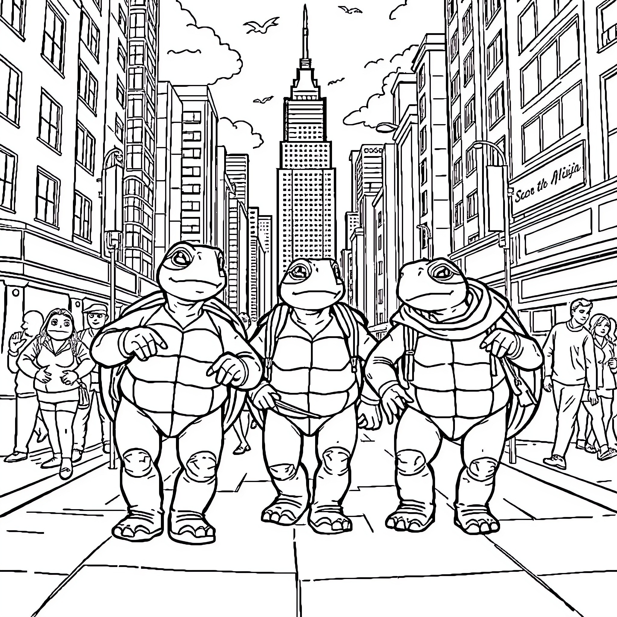 Turtle Trio Exploring the City Streets Coloring Page (free black-and-white line drawing printable PDF for all, from beginners to advanced learners, including children, teens, adults, and seniors)