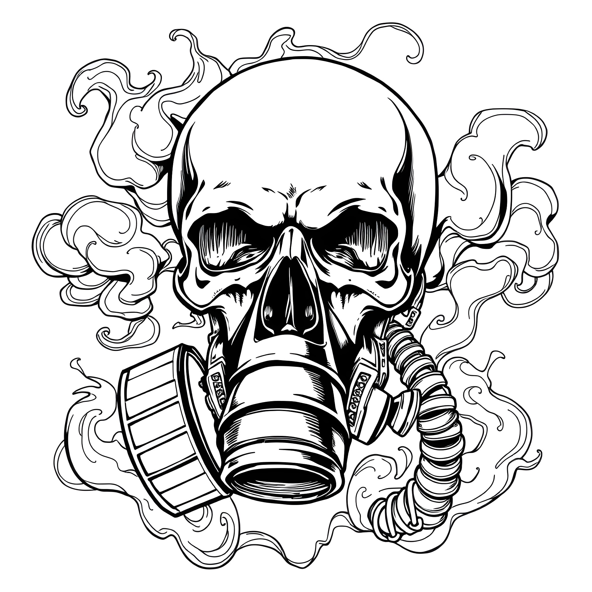 Skull wearing Gas Mask in Smoky Atmosphere Coloring Page (free black-and-white line drawing printable PDF for all, from beginners to advanced learners, including children, teens, adults, and seniors)