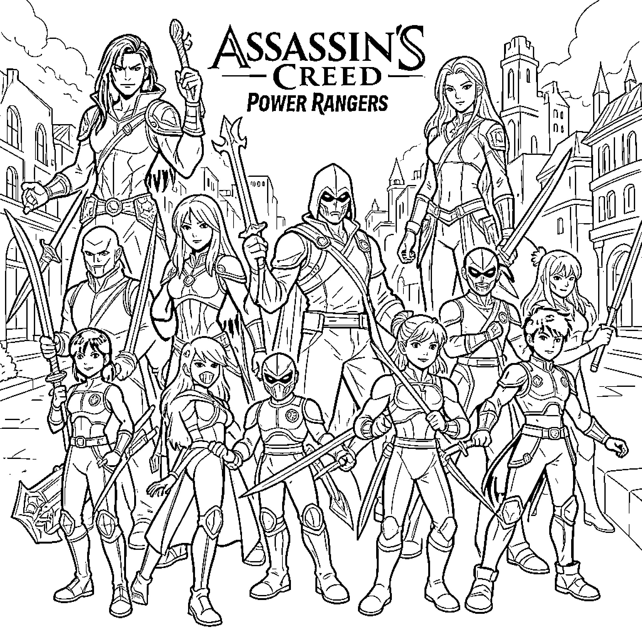 Assassin and Power Rangers heroes standing ready for battle Coloring Page (free black-and-white line drawing printable PDF for all, from beginners to advanced learners, including children, teens, adults, and seniors)