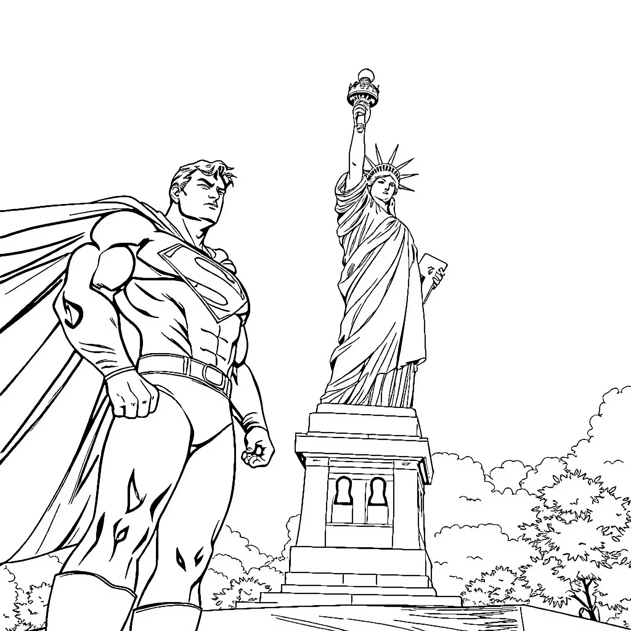 Superman heroically surveying the Statue of Liberty Coloring Page (free black-and-white line drawing printable PDF for all, from beginners to advanced learners, including children, teens, adults, and seniors)