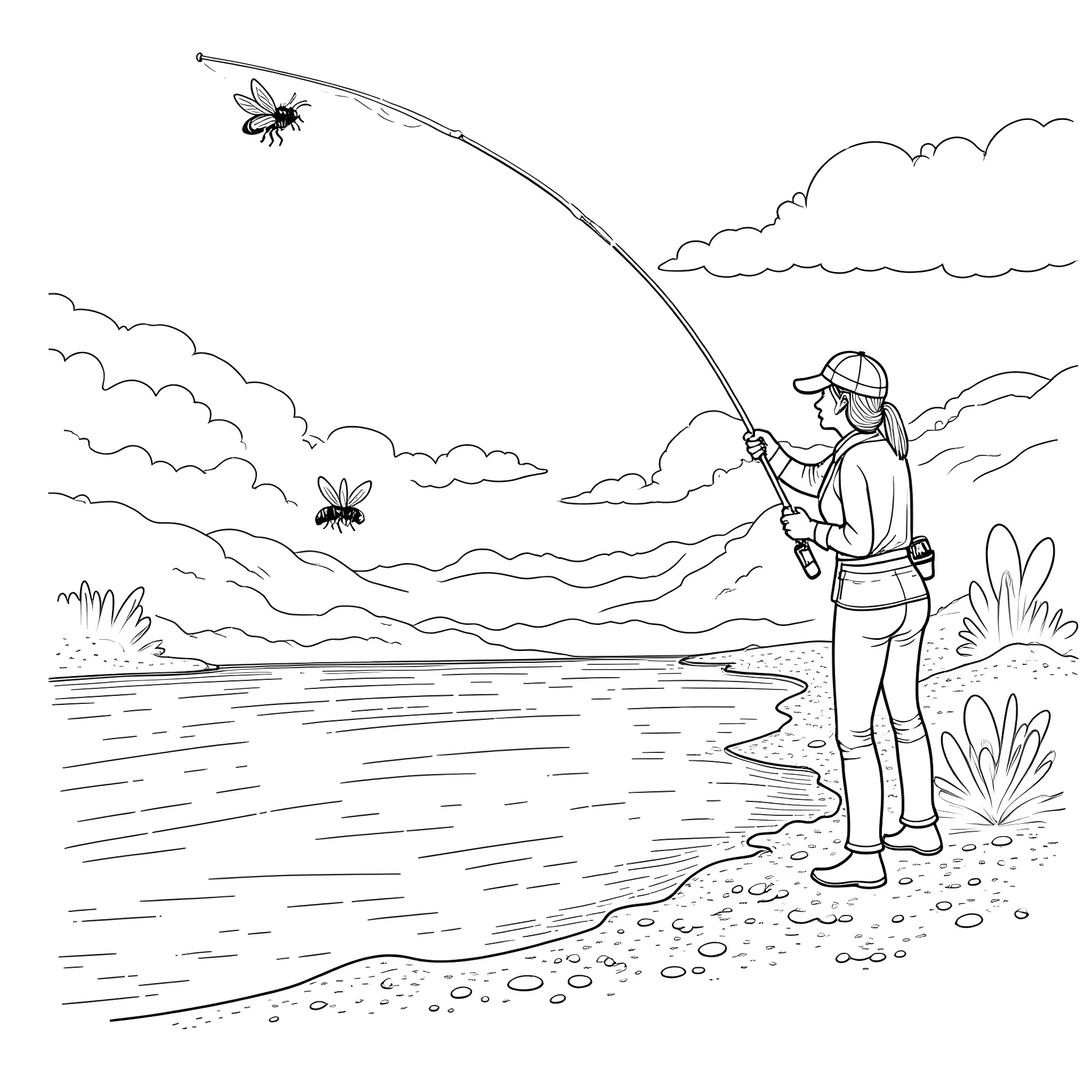 Woman fishing by the lake with butterflies Coloring Page (free black-and-white line drawing printable PDF for all, from beginners to advanced learners, including children, teens, adults, and seniors)
