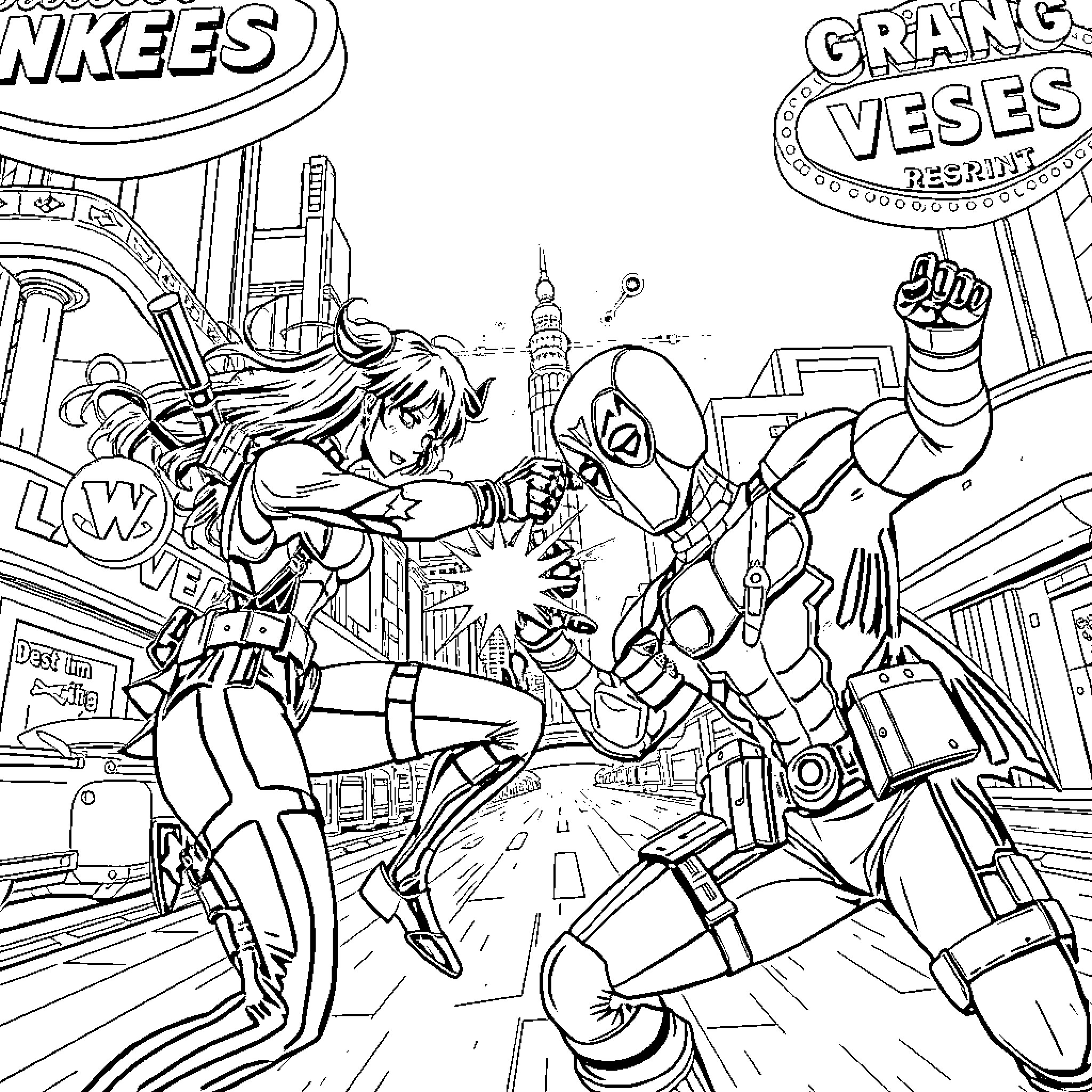 Kuromi's Heroic Clash in the City Streets Coloring Page (free black-and-white line drawing printable PDF for all, from beginners to advanced learners, including children, teens, adults, and seniors)