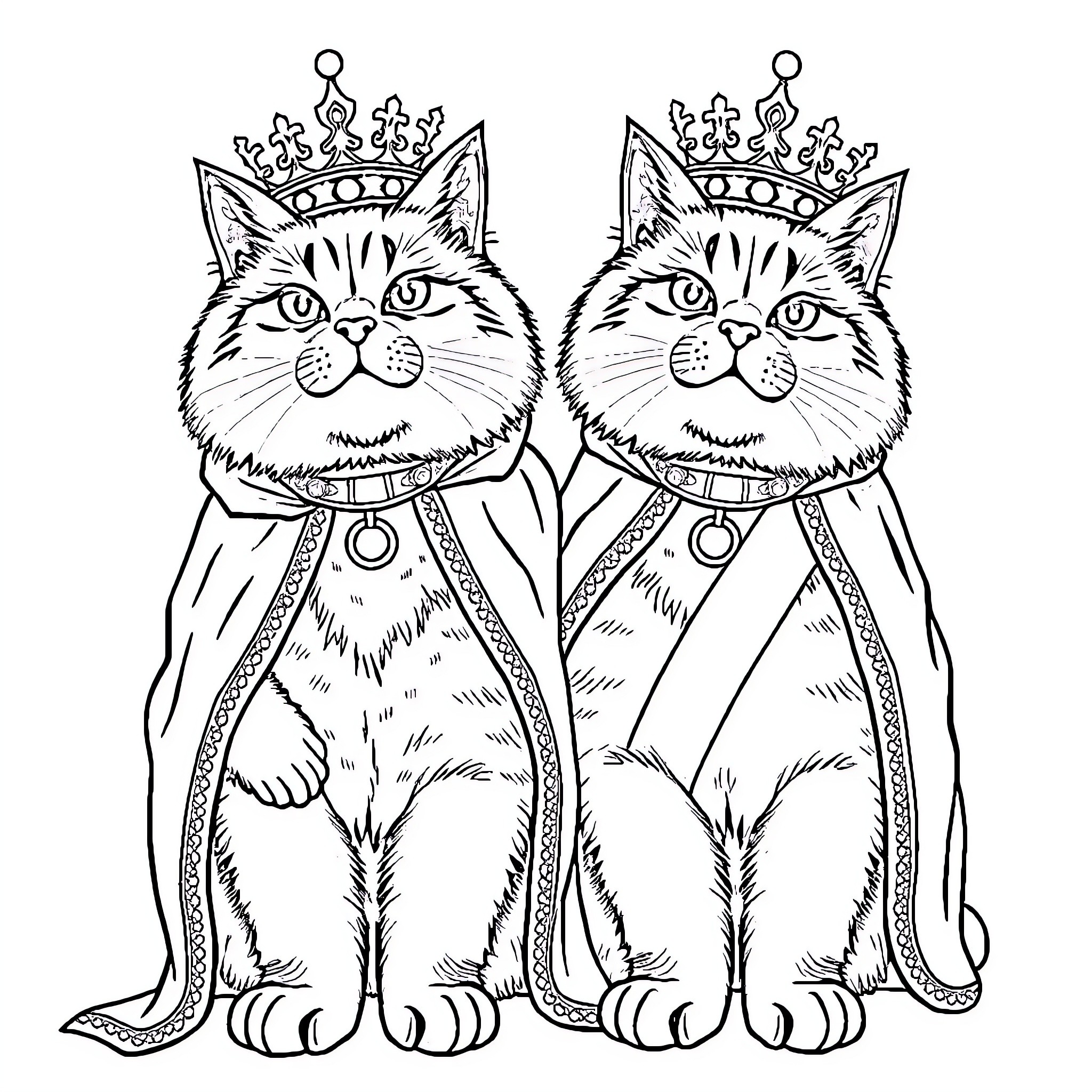 Cat Royalty in Crowns and Capes Coloring Page (free black-and-white line drawing printable PDF for all, from beginners to advanced learners, including children, teens, adults, and seniors)