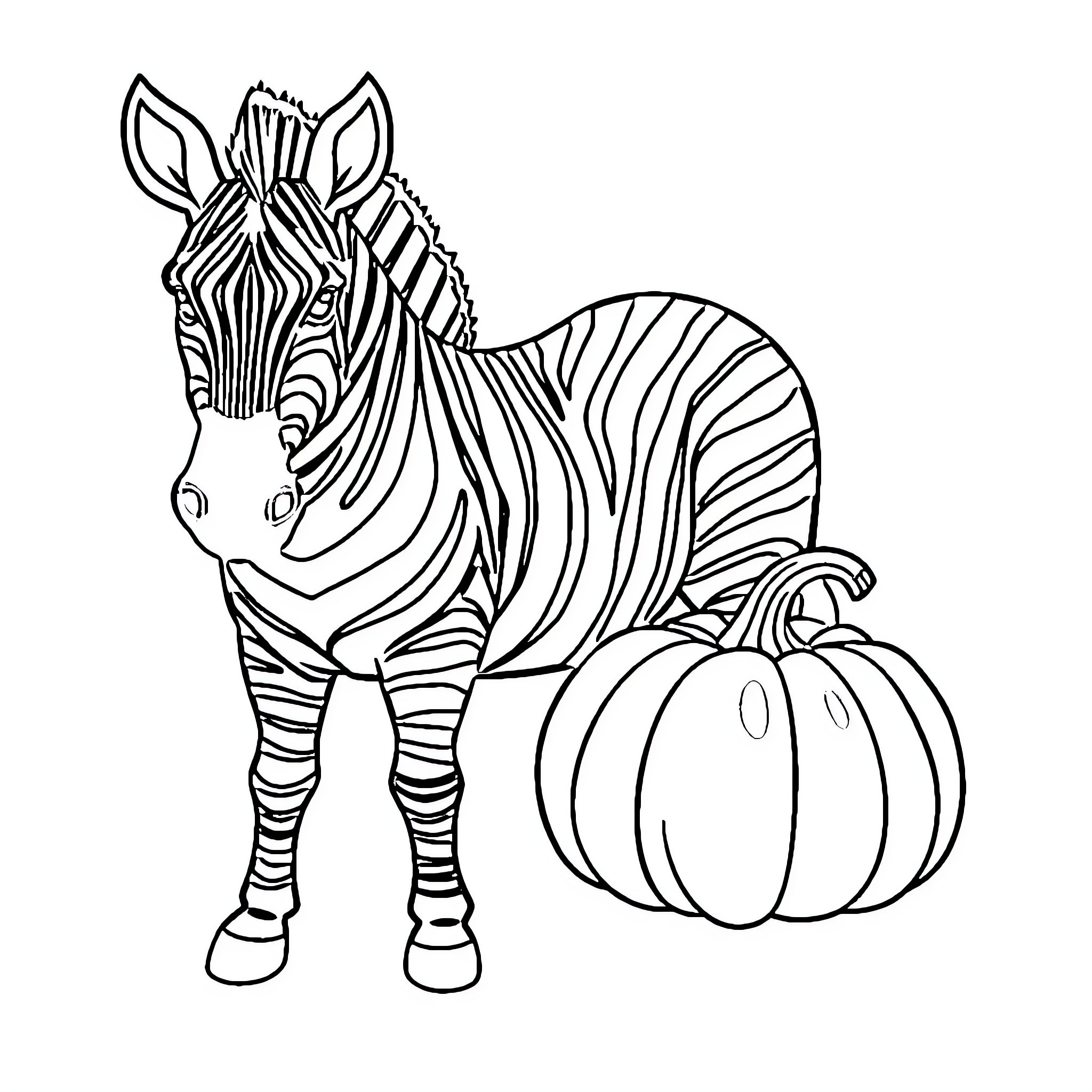Zebra enjoying a pumpkin in autumn Coloring Page (free black-and-white line drawing printable PDF for all, from beginners to advanced learners, including children, teens, adults, and seniors)