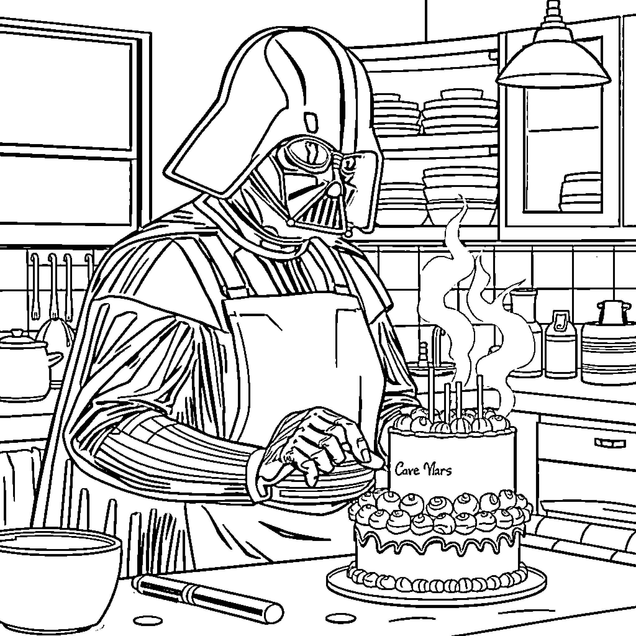 Darth Vader baking a cake in the kitchen Coloring Page (free black-and-white line drawing printable PDF for all, from beginners to advanced learners, including children, teens, adults, and seniors)