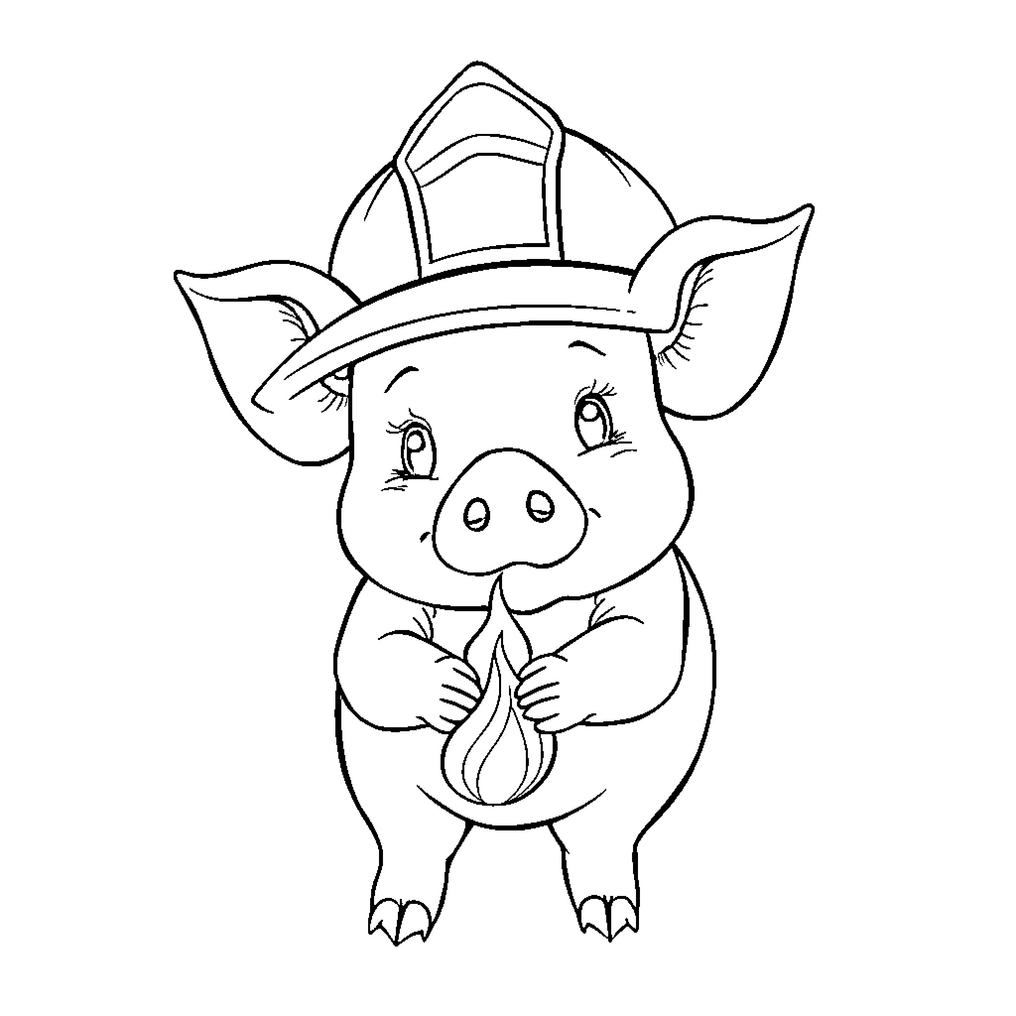 Pig wearing fireman's hat and showing enthusiasm Coloring Page (free black-and-white line drawing printable PDF for all, from beginners to advanced learners, including children, teens, adults, and seniors)