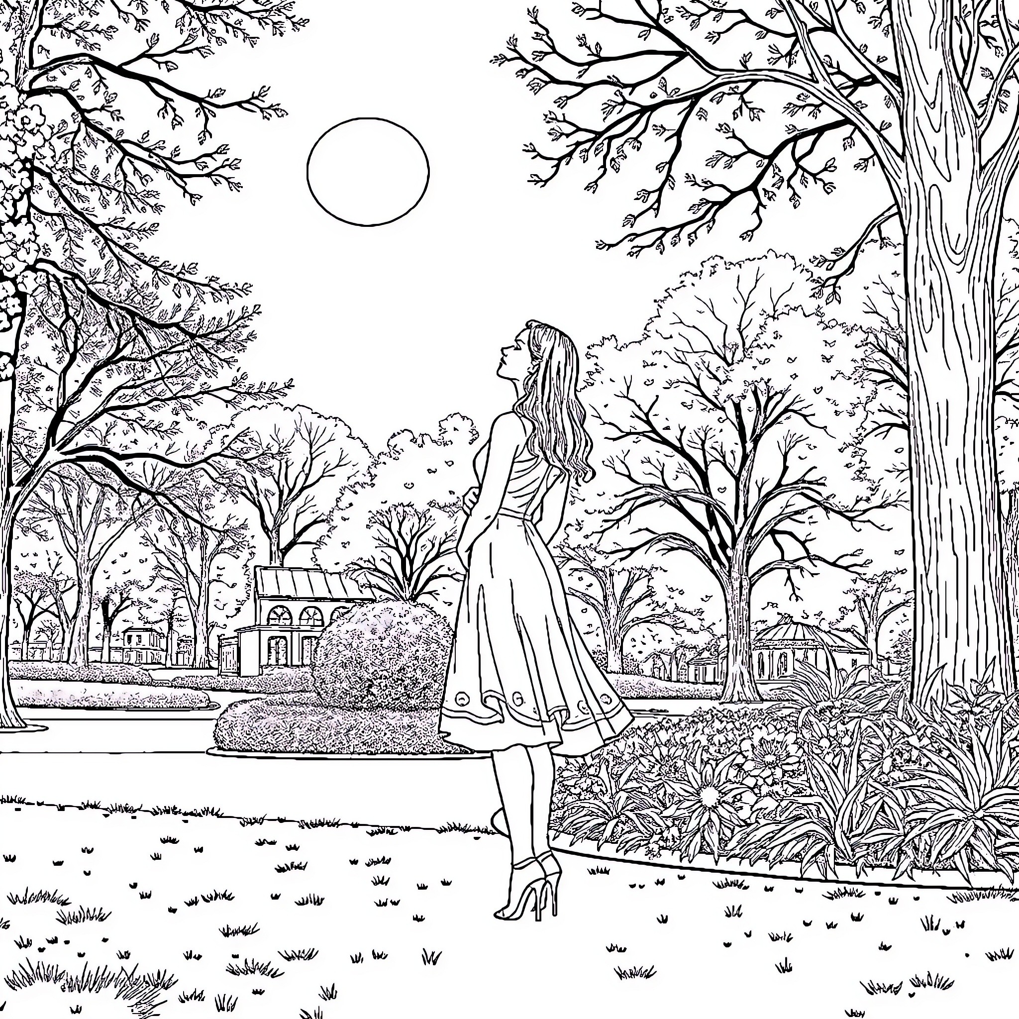 Woman strolling through a serene garden Coloring Page (free black-and-white line drawing printable PDF for all, from beginners to advanced learners, including children, teens, adults, and seniors)
