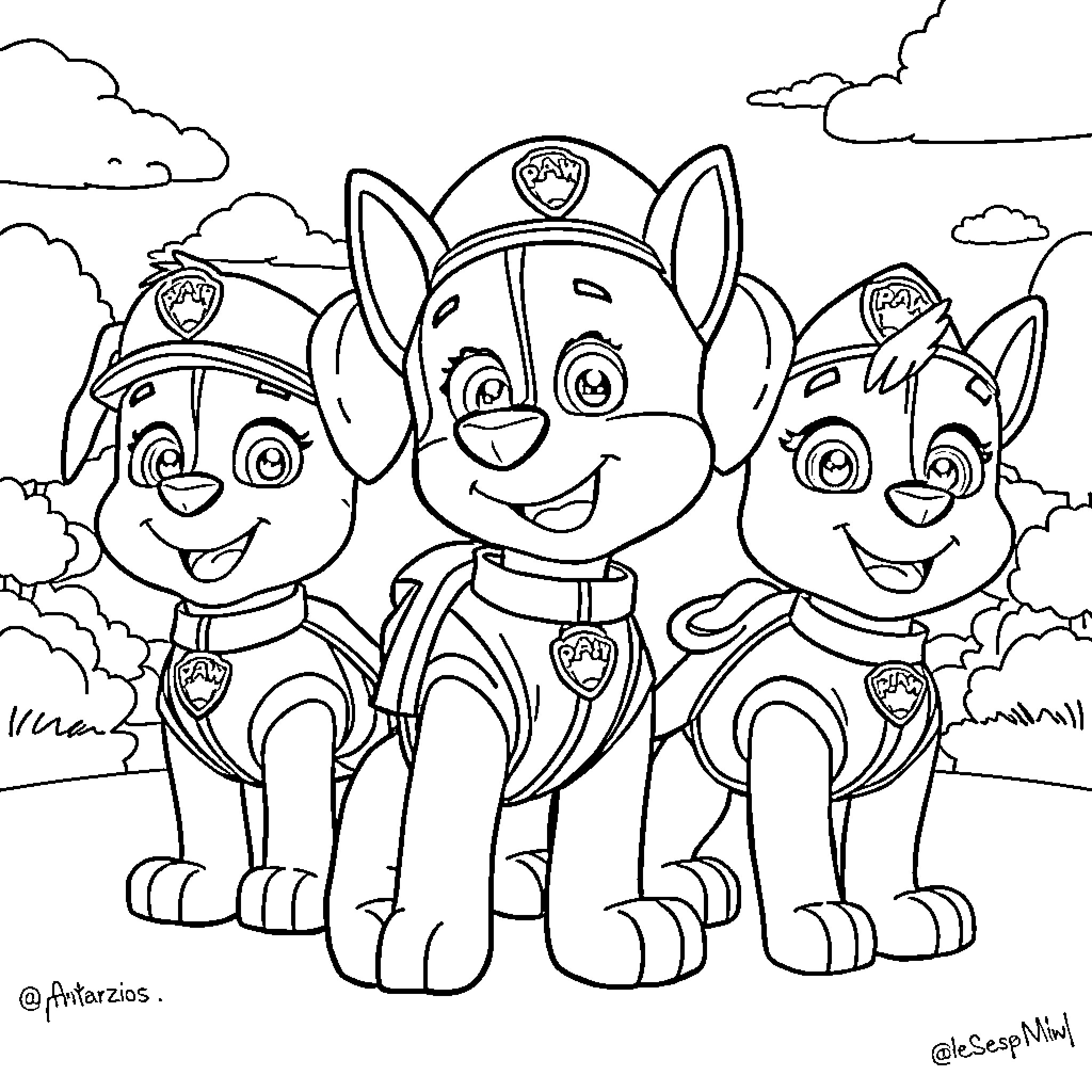 Paw Patrol Pups Happily Posing Together Coloring Page (free black-and-white line drawing printable PDF for all, from beginners to advanced learners, including children, teens, adults, and seniors)