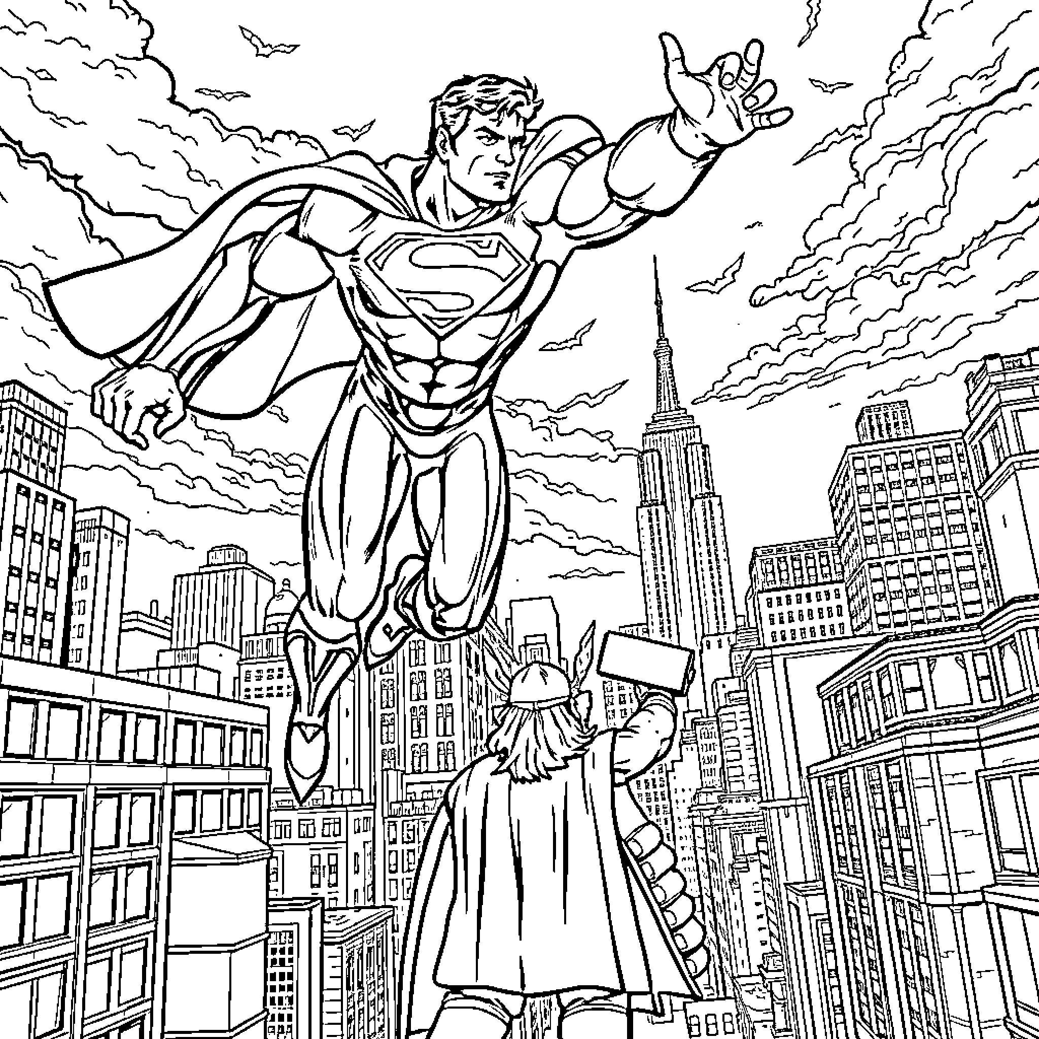 Superman soaring through the city skyline Coloring Page (free black-and-white line drawing printable PDF for all, from beginners to advanced learners, including children, teens, adults, and seniors)