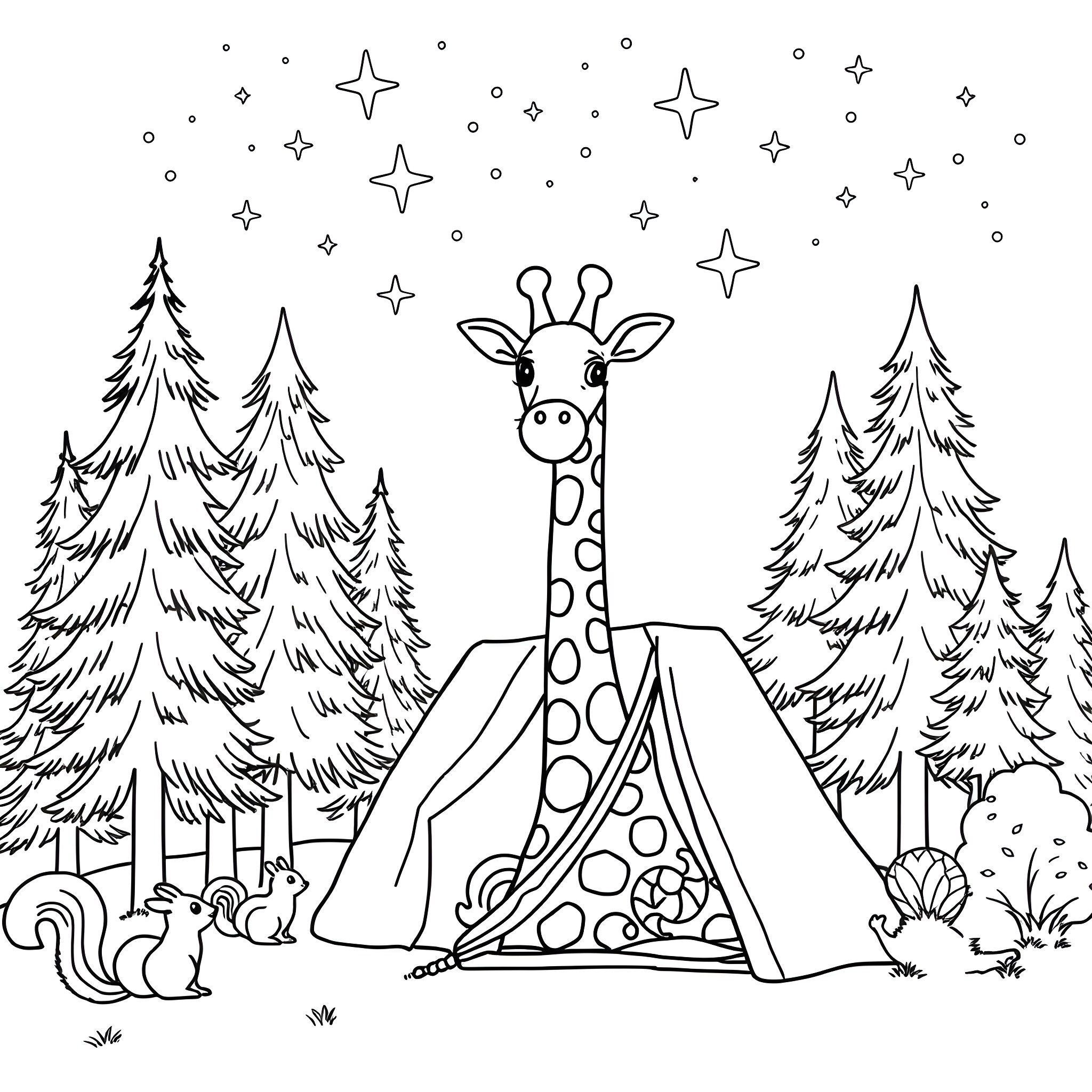 Giraffe camping under the starry night sky Coloring Page (free black-and-white line drawing printable PDF for all, from beginners to advanced learners, including children, teens, adults, and seniors)