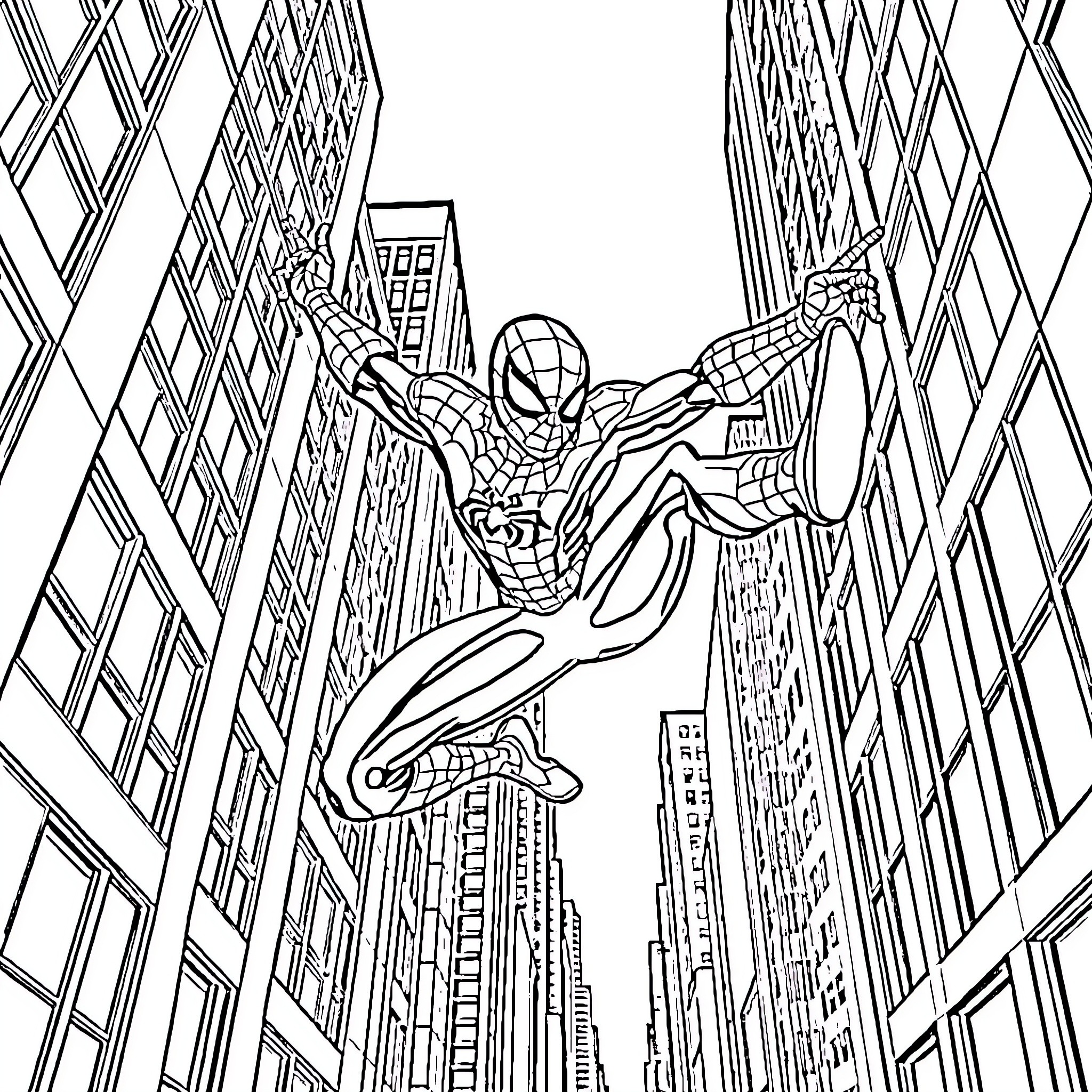 Spider-Man swinging through the city Coloring Page (free black-and-white line drawing printable PDF for all, from beginners to advanced learners, including children, teens, adults, and seniors)