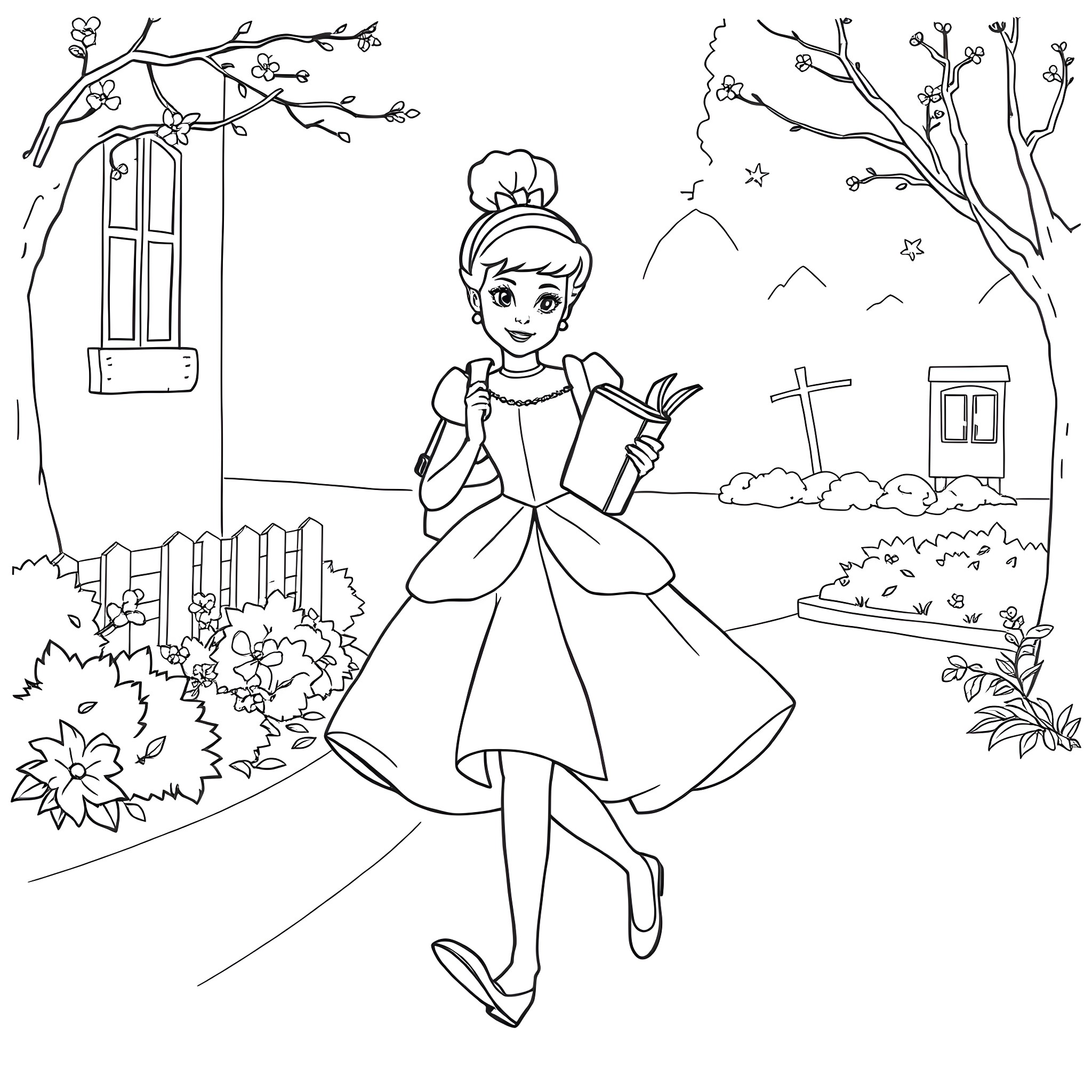 Cinderella's Magical Journey Coloring Page (free black-and-white line drawing printable PDF for all, from beginners to advanced learners, including children, teens, adults, and seniors)