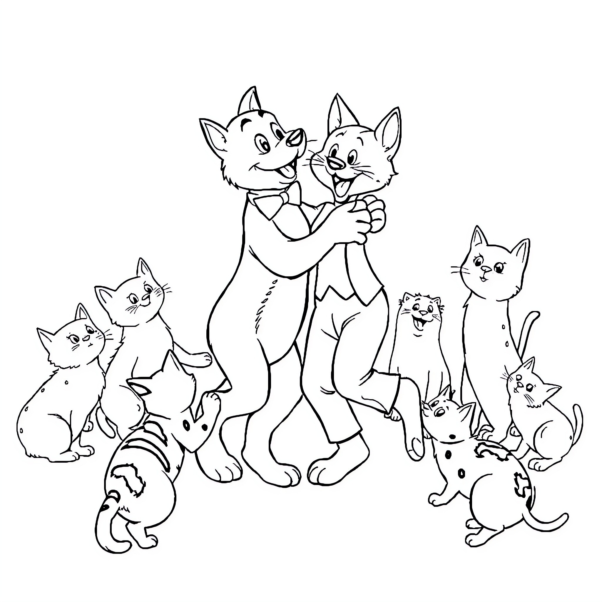 Louis enjoys time with his feline friends Coloring Page (free black-and-white line drawing printable PDF for all, from beginners to advanced learners, including children, teens, adults, and seniors)