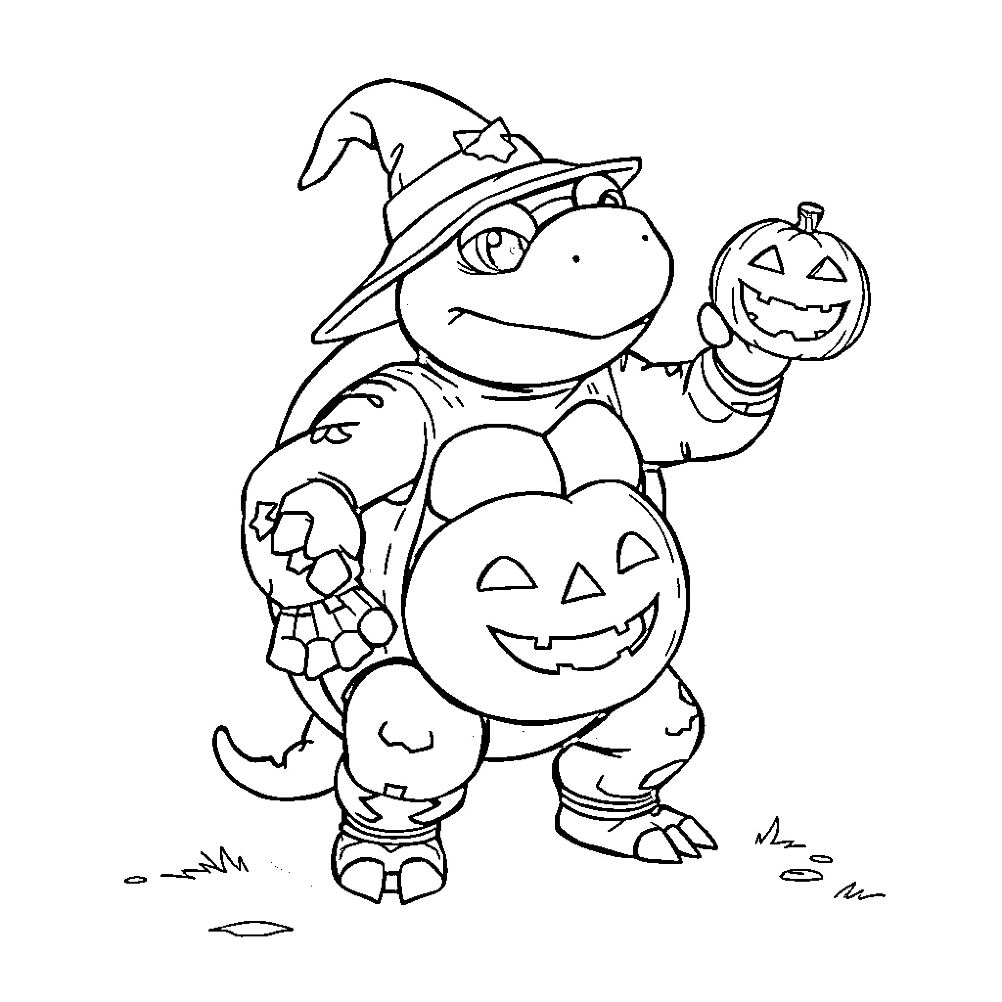 Blastoise in Halloween Costume Holding Pumpkin Coloring Page (free black-and-white line drawing printable PDF for all, from beginners to advanced learners, including children, teens, adults, and seniors)