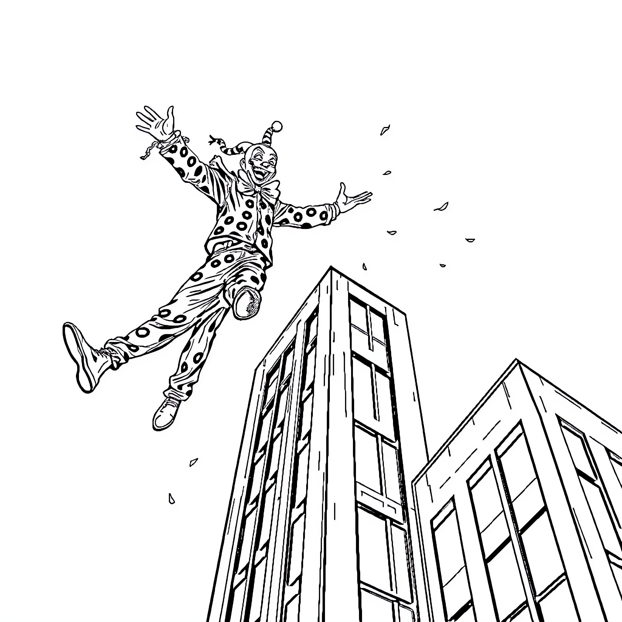 Clown leaping joyfully among towering buildings Coloring Page (free black-and-white line drawing printable PDF for all, from beginners to advanced learners, including children, teens, adults, and seniors)