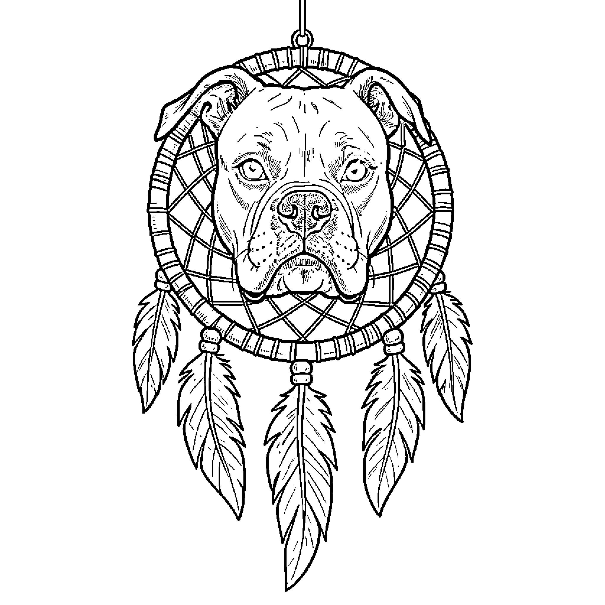 Dream Catcher with Pitbull Dog Face and Feathers Coloring Page (free black-and-white line drawing printable PDF for all, from beginners to advanced learners, including children, teens, adults, and seniors)