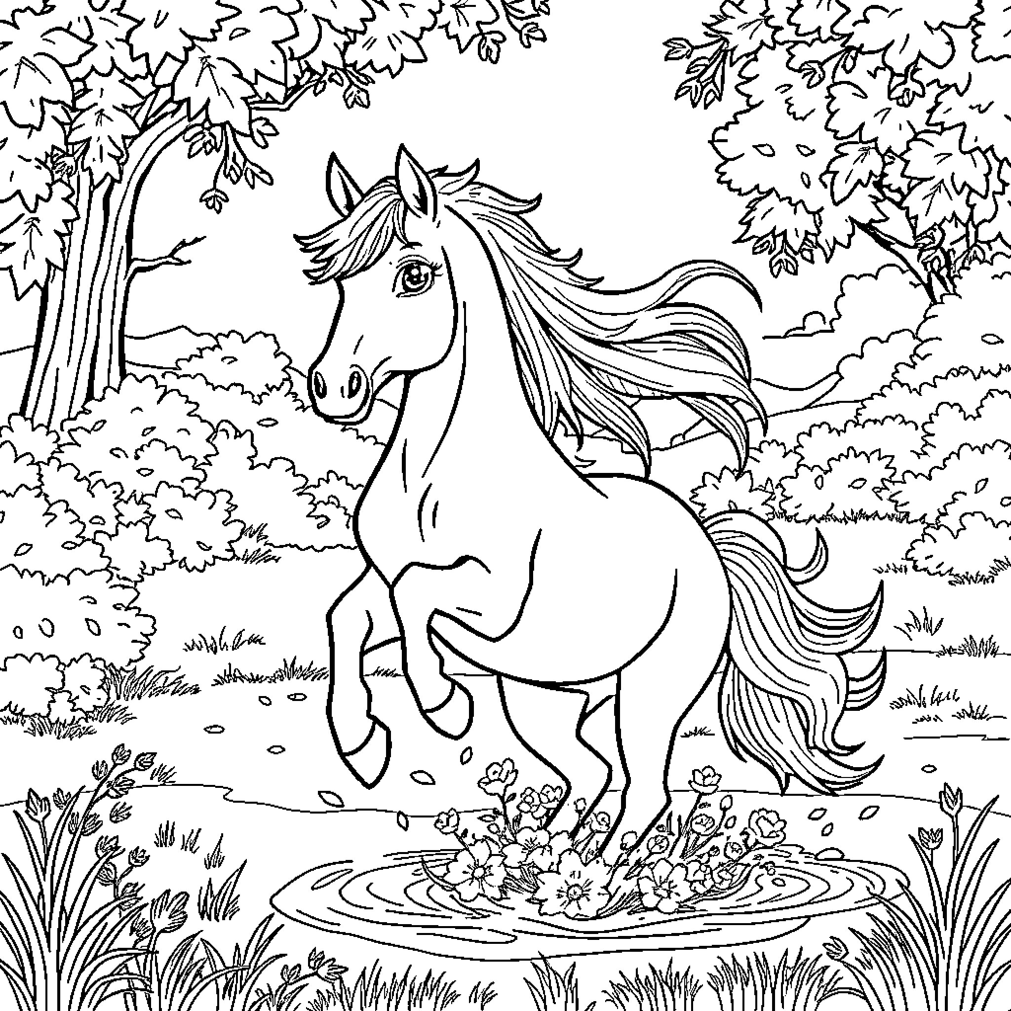 Poni prancing through the enchanted forest Coloring Page (free black-and-white line drawing printable PDF for all, from beginners to advanced learners, including children, teens, adults, and seniors)