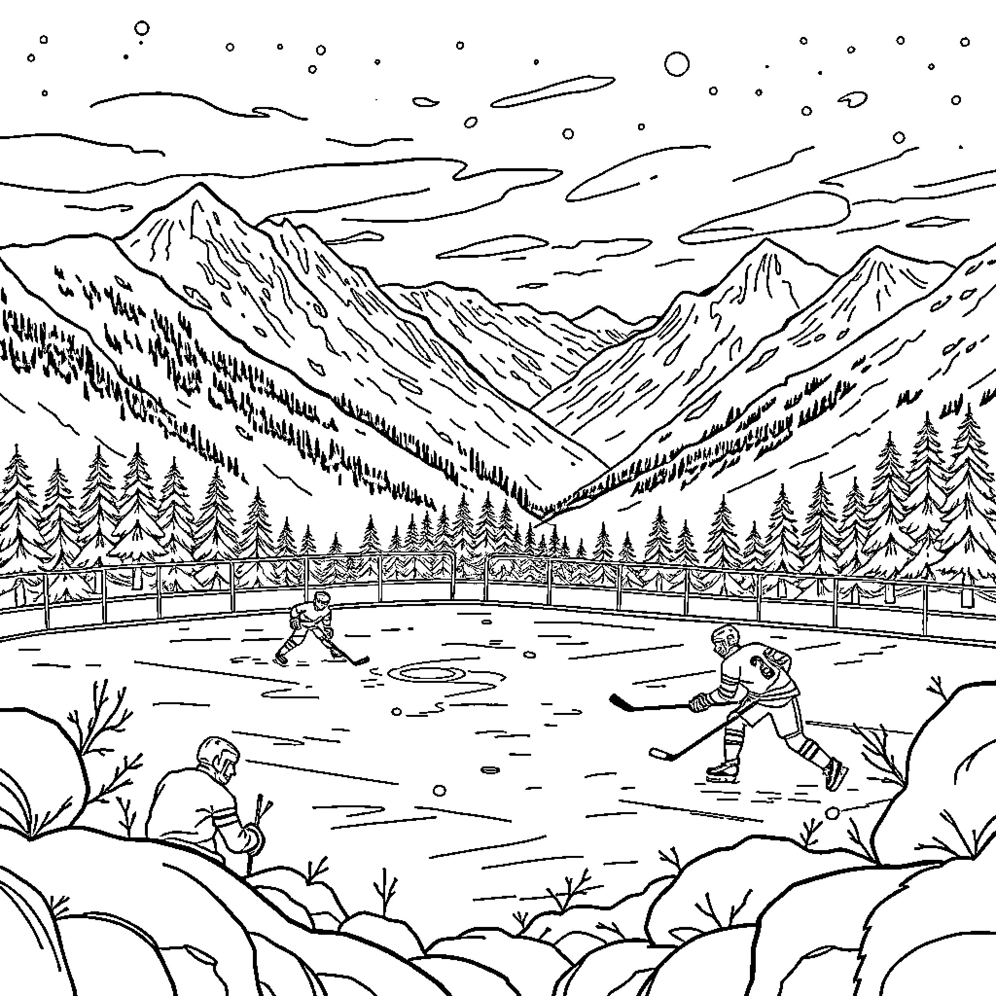 Hockey Game in the Snowy Mountains Coloring Page (free black-and-white line drawing printable PDF for all, from beginners to advanced learners, including children, teens, adults, and seniors)
