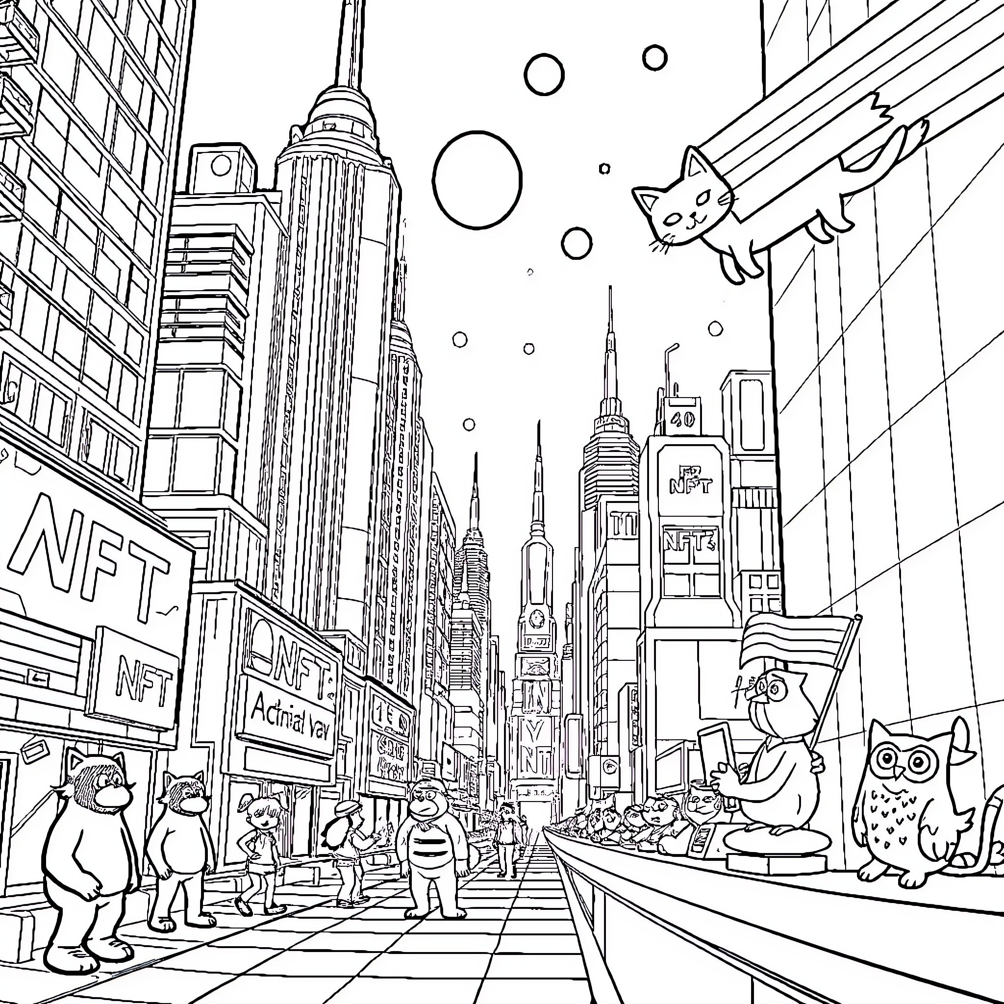 NFT Character in Bustling City Scene Coloring Page (free black-and-white line drawing printable PDF for all, from beginners to advanced learners, including children, teens, adults, and seniors)