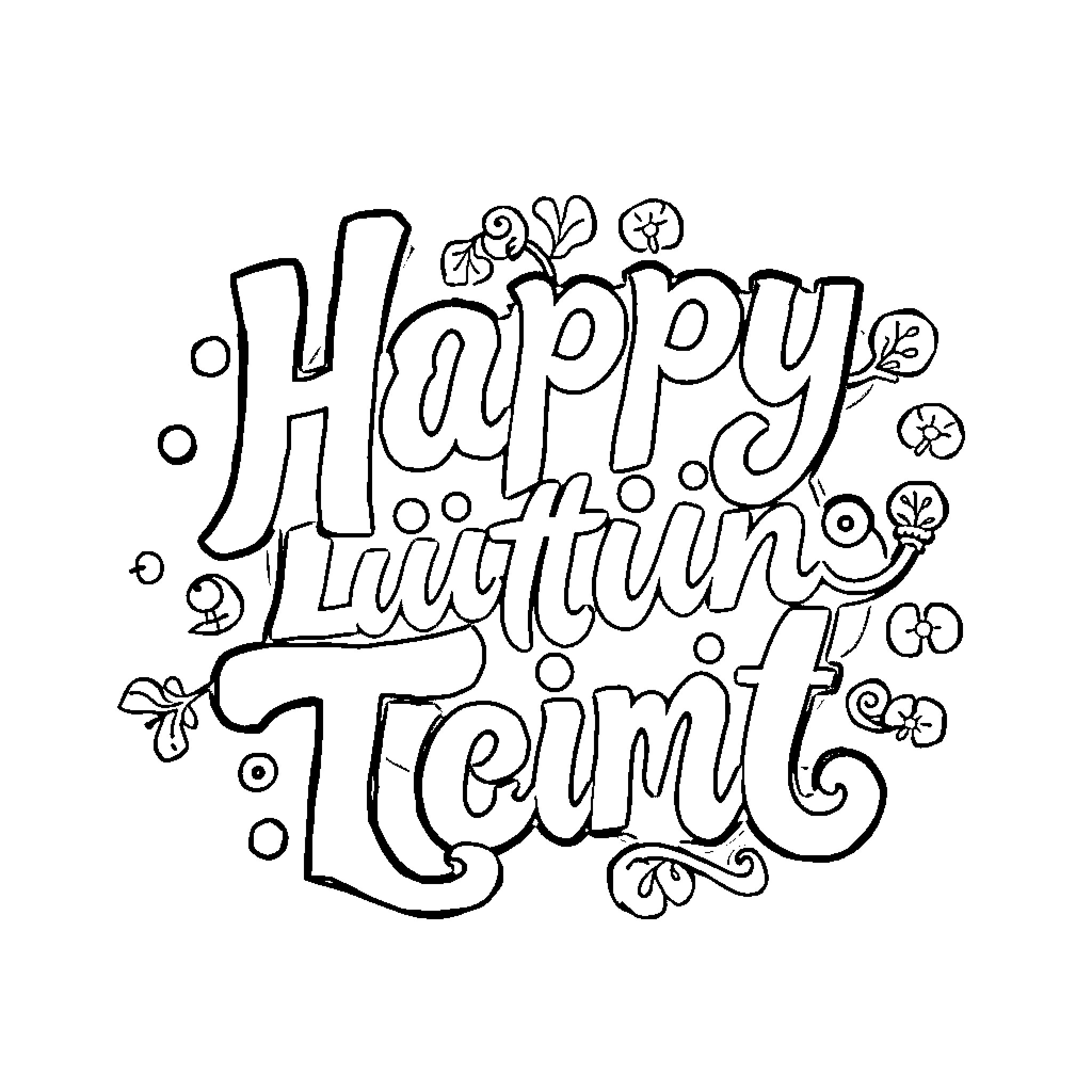 Lettering with happy, whimsical doodle elements Coloring Page (free black-and-white line drawing printable PDF for all, from beginners to advanced learners, including children, teens, adults, and seniors)
