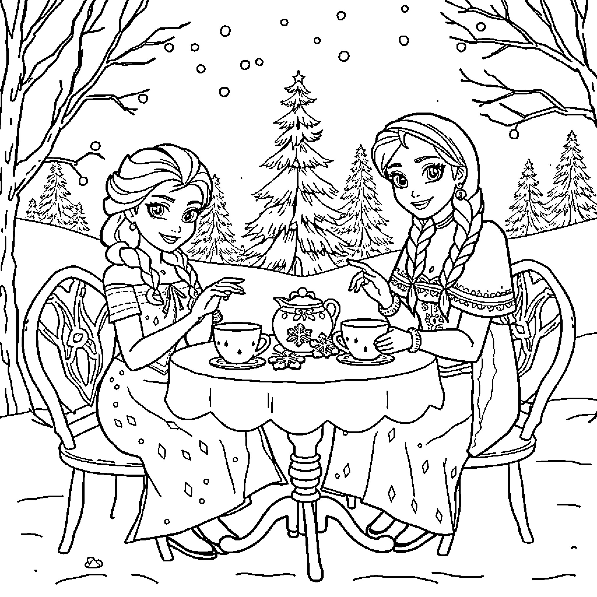 Frozen Characters Enjoying Winter Tea Party Coloring Page (free black-and-white line drawing printable PDF for all, from beginners to advanced learners, including children, teens, adults, and seniors)