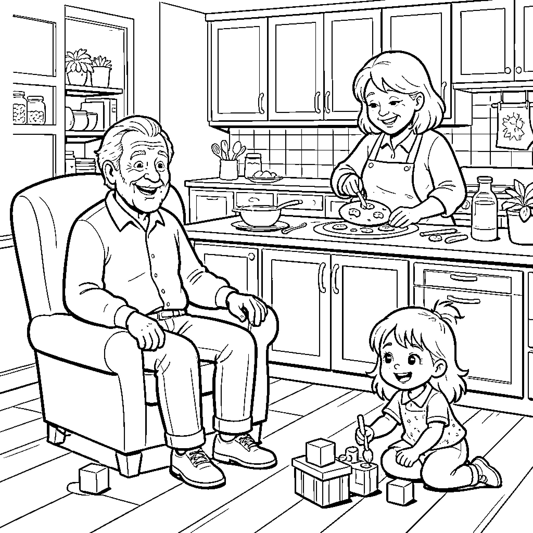 Grandparent's loving family time in the kitchen Coloring Page (free black-and-white line drawing printable PDF for all, from beginners to advanced learners, including children, teens, adults, and seniors)