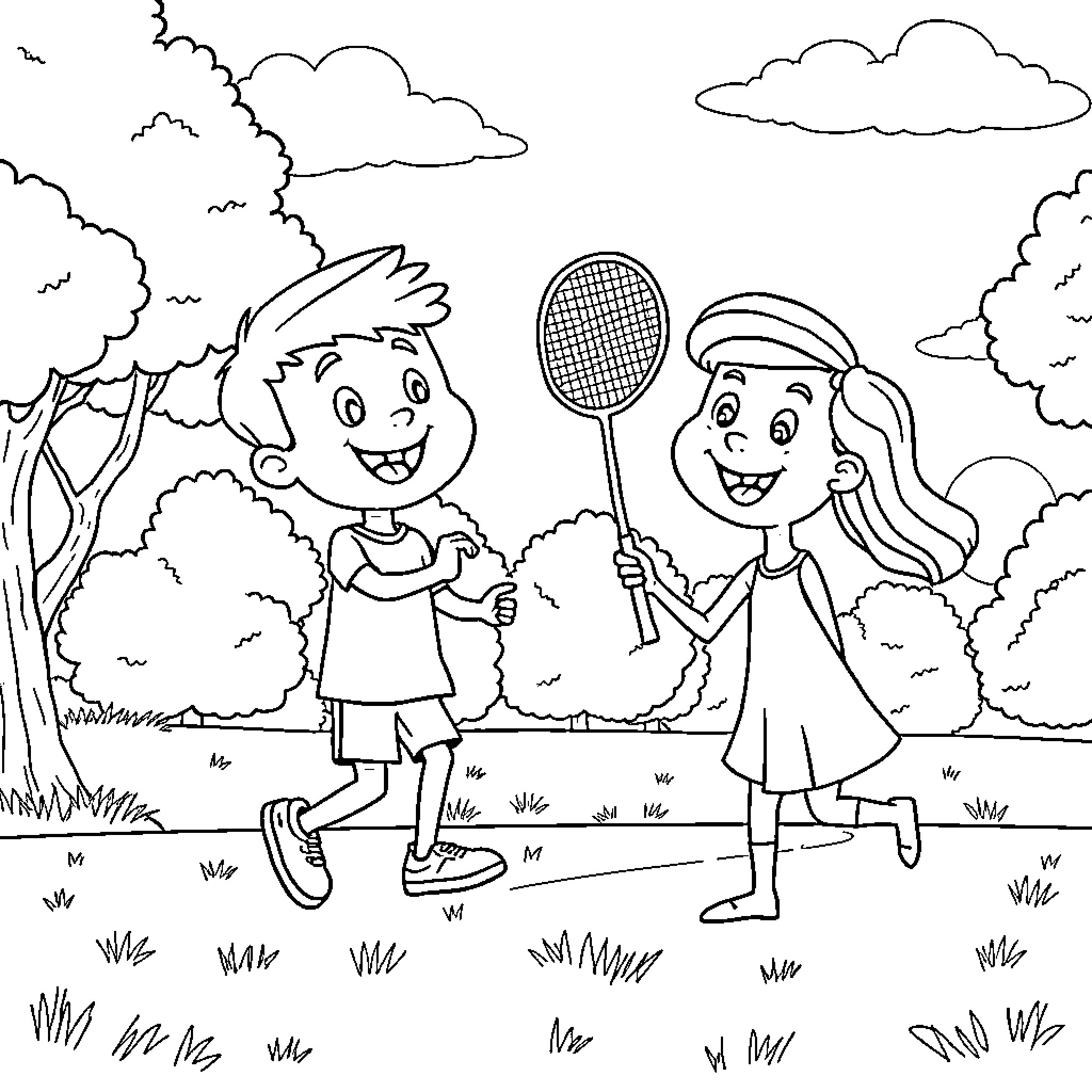 Friends playing tennis joyfully outdoors Coloring Page (free black-and-white line drawing printable PDF for all, from beginners to advanced learners, including children, teens, adults, and seniors)