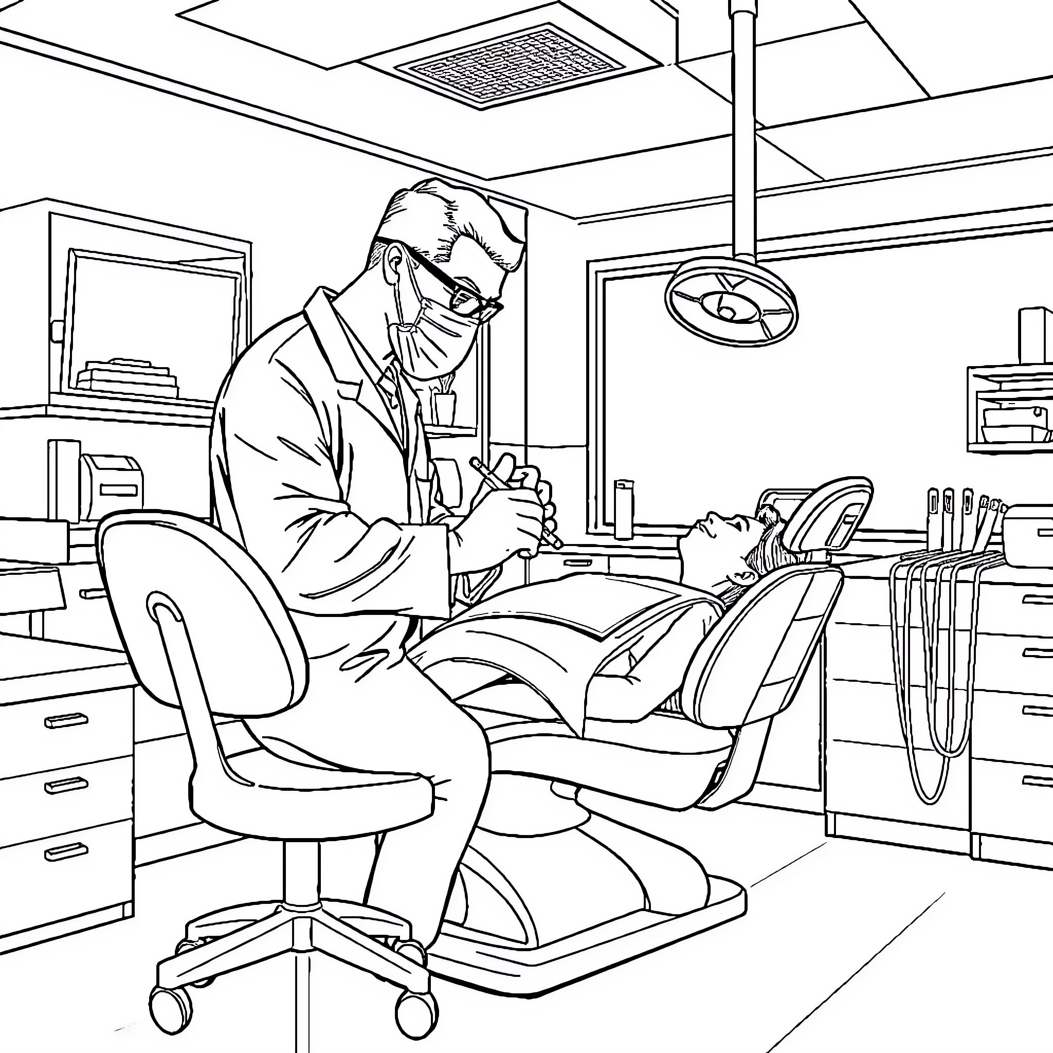 Dentist Examining Patient in Dental Office Coloring Page (free black-and-white line drawing printable PDF for all, from beginners to advanced learners, including children, teens, adults, and seniors)