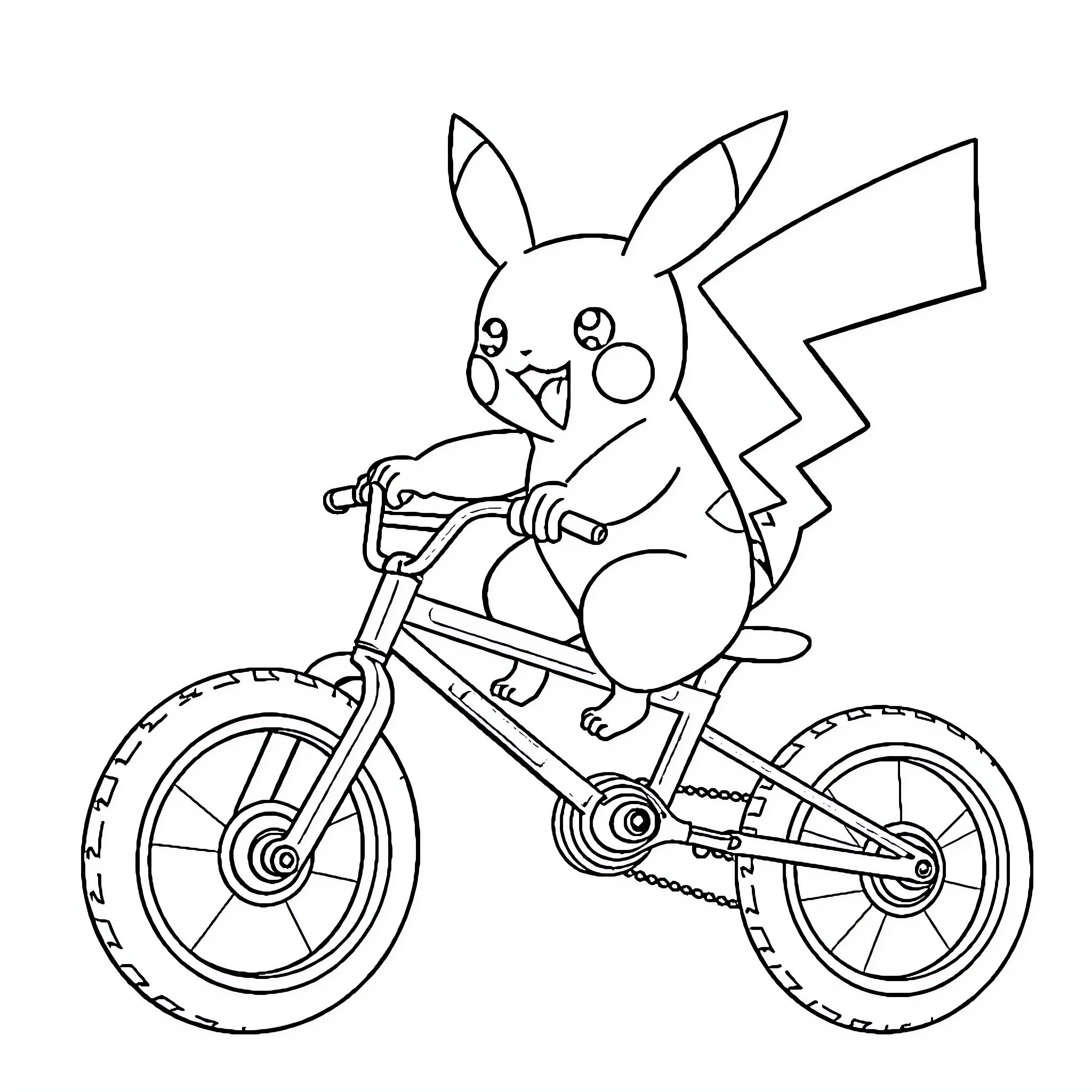 Pikachu riding a bicycle happily Coloring Page (free black-and-white line drawing printable PDF for all, from beginners to advanced learners, including children, teens, adults, and seniors)