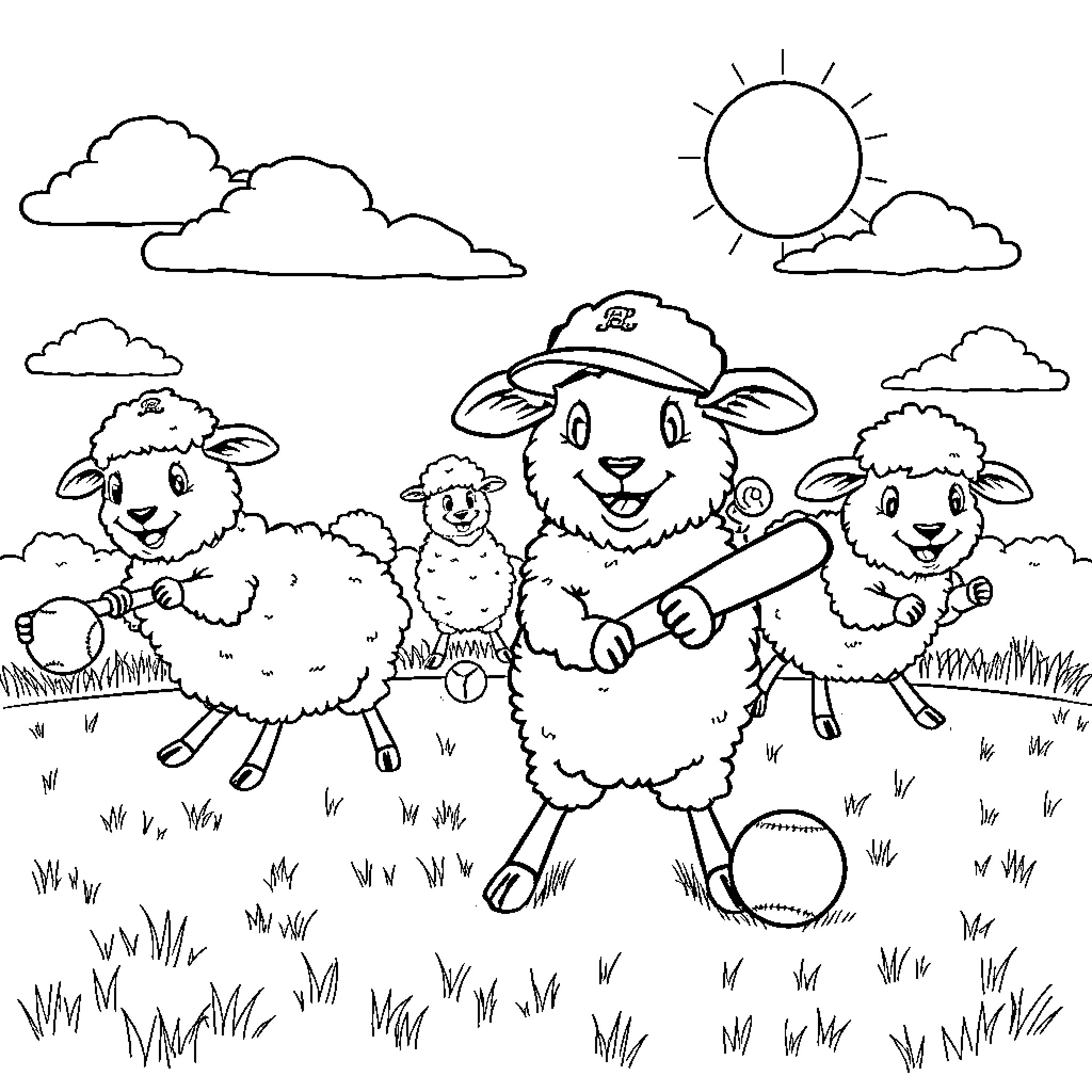 Sheep playing in the field under the sun Coloring Page (free black-and-white line drawing printable PDF for all, from beginners to advanced learners, including children, teens, adults, and seniors)