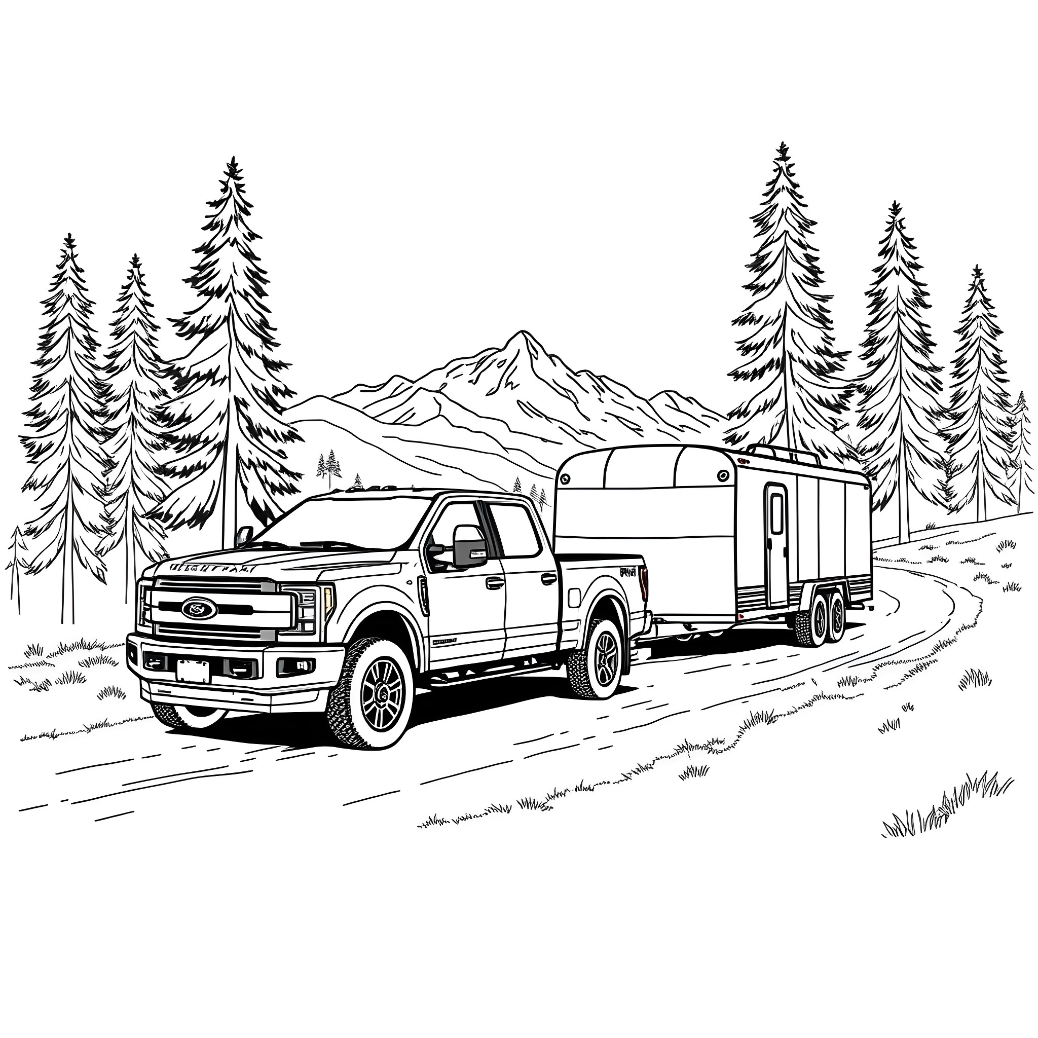 Pickup truck towing trailer through mountain landscape Coloring Page (free black-and-white line drawing printable PDF for all, from beginners to advanced learners, including children, teens, adults, and seniors)