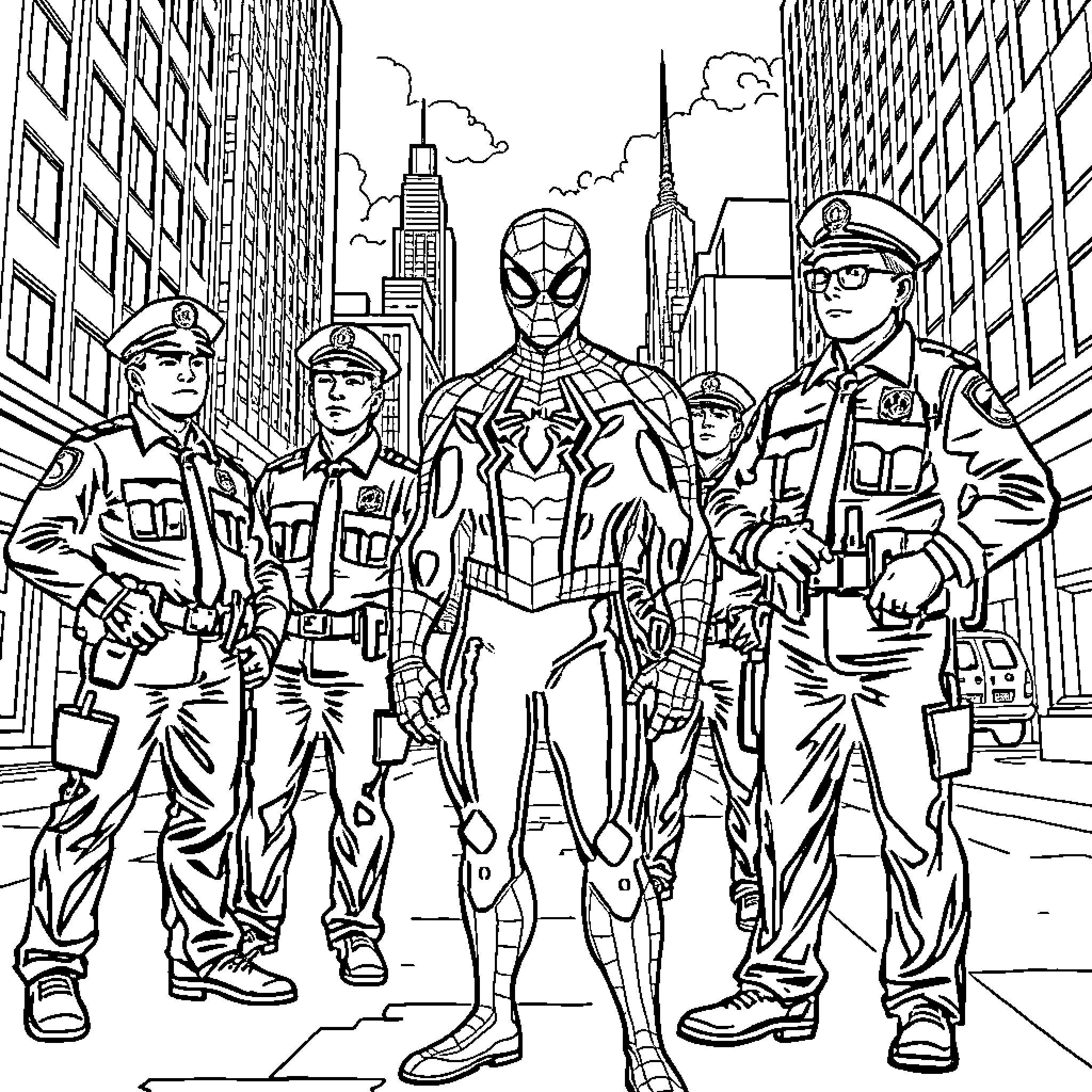 Spider-Man Teams Up with Police in the City Coloring Page (free black-and-white line drawing printable PDF for all, from beginners to advanced learners, including children, teens, adults, and seniors)