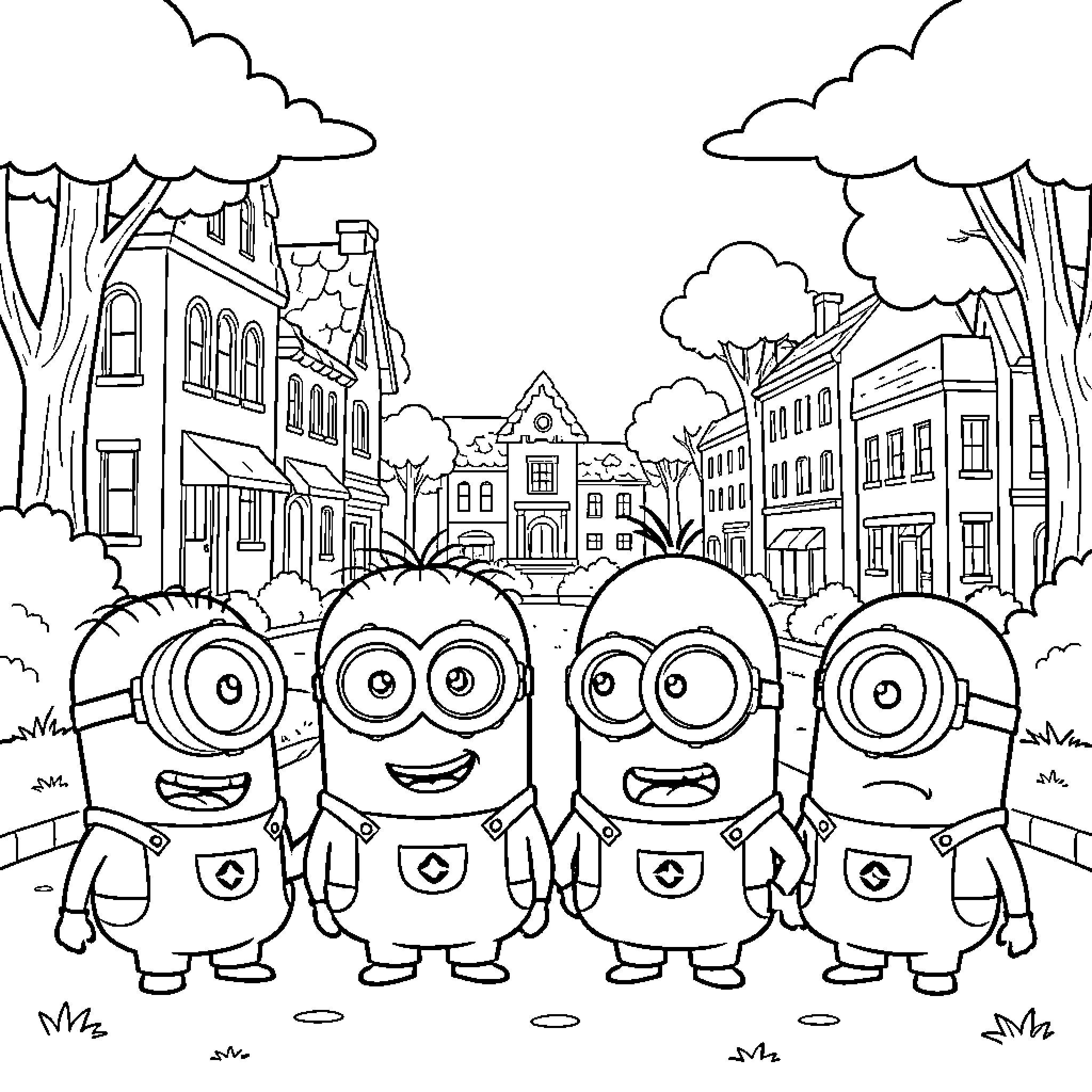 Minions standing together smiling in a village street Coloring Page (free black-and-white line drawing printable PDF for all, from beginners to advanced learners, including children, teens, adults, and seniors)