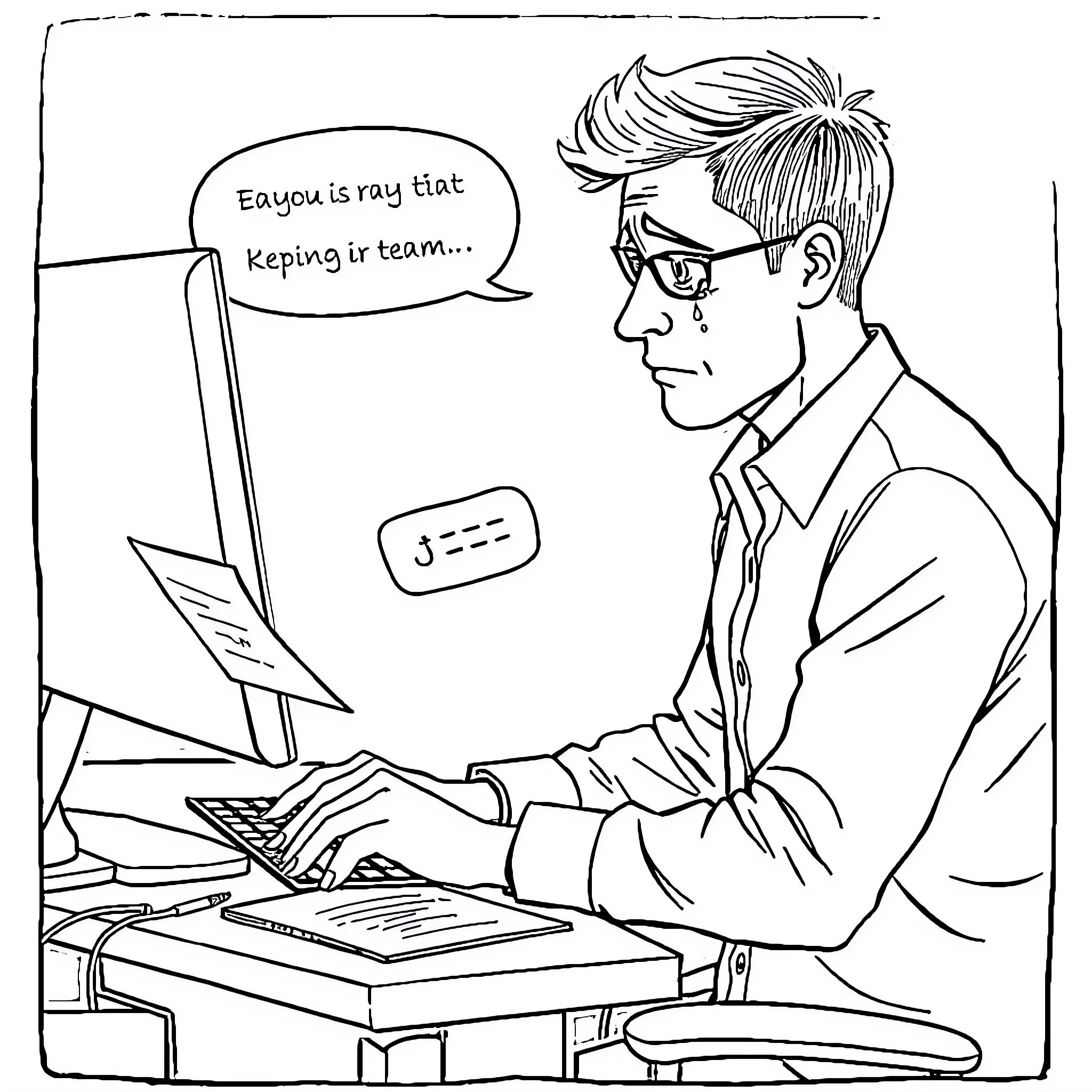 Man working intently on computer in office Coloring Page (free black-and-white line drawing printable PDF for all, from beginners to advanced learners, including children, teens, adults, and seniors)