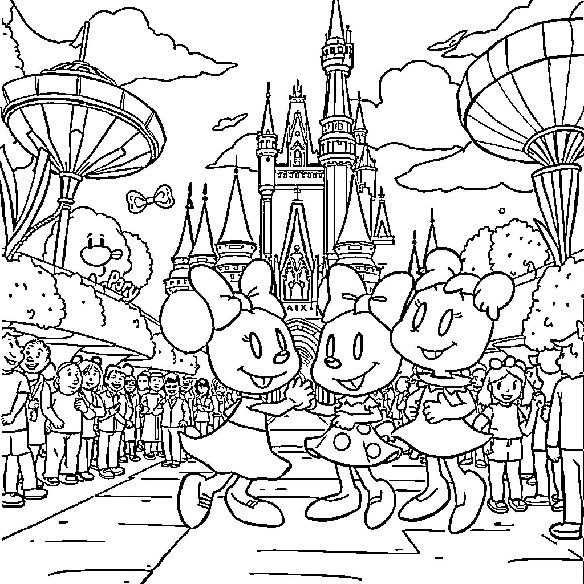 Poppy characters enjoying a day at the magical amusement park Coloring Page (free black-and-white line drawing printable PDF for all, from beginners to advanced learners, including children, teens, adults, and seniors)