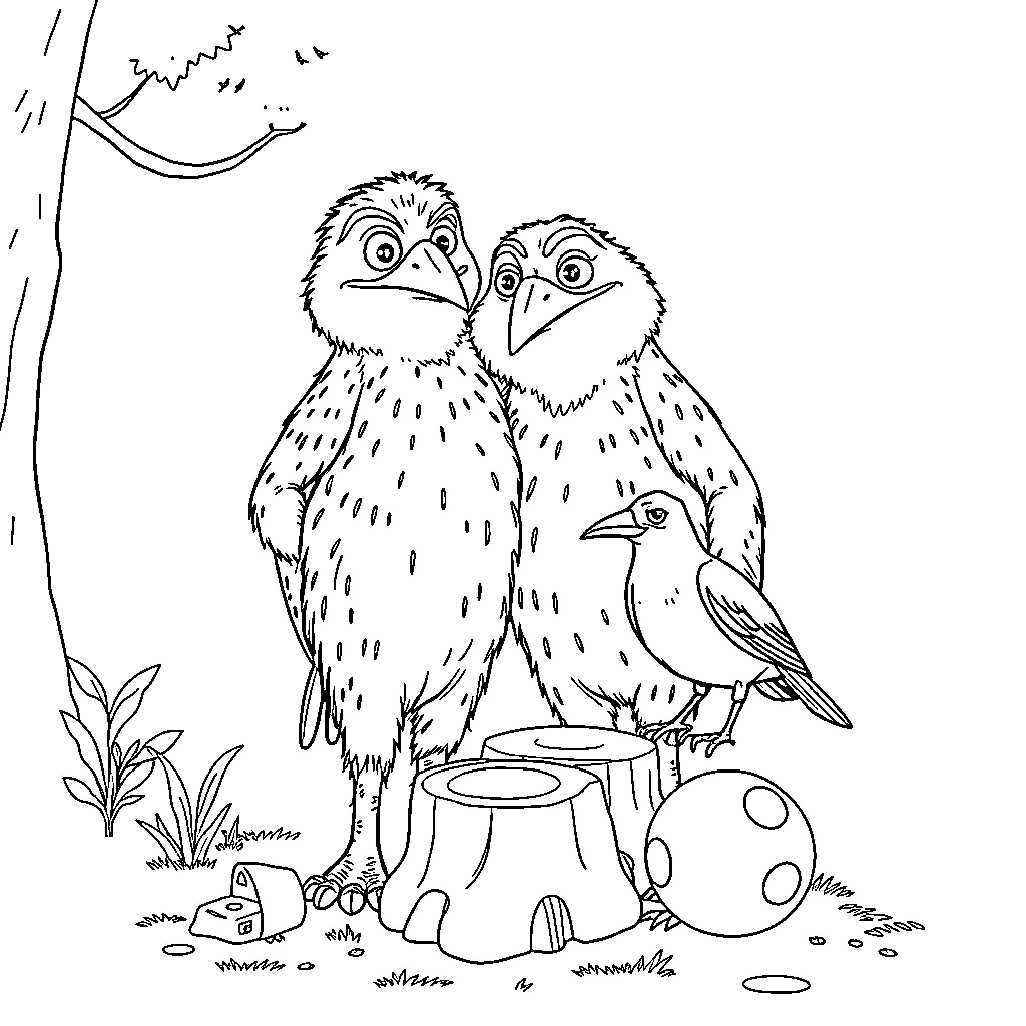Kratt Brothers observe curious birds in the forest Coloring Page (free black-and-white line drawing printable PDF for all, from beginners to advanced learners, including children, teens, adults, and seniors)