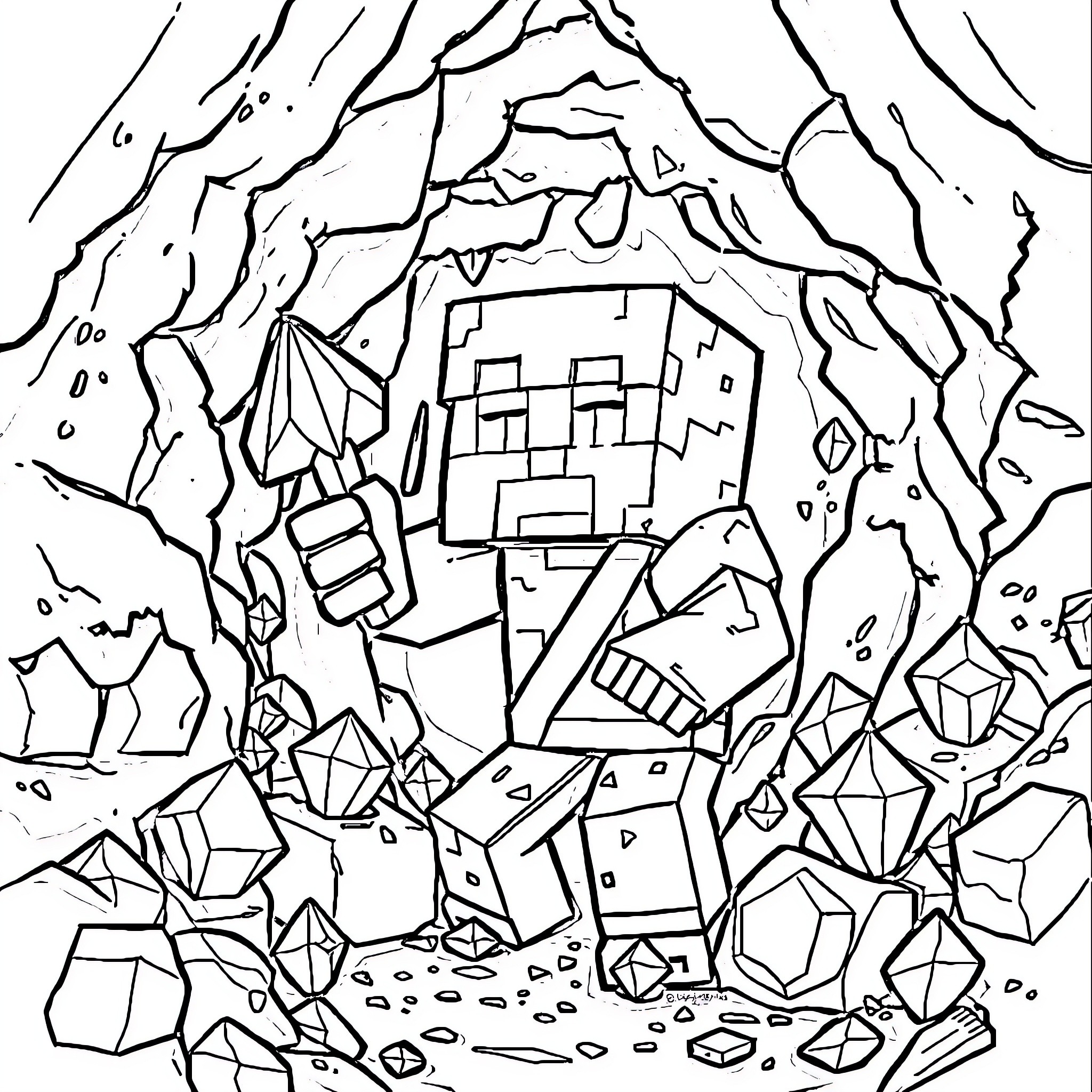 Minecraft Character Exploring a Mysterious Cave Coloring Page (free black-and-white line drawing printable PDF for all, from beginners to advanced learners, including children, teens, adults, and seniors)
