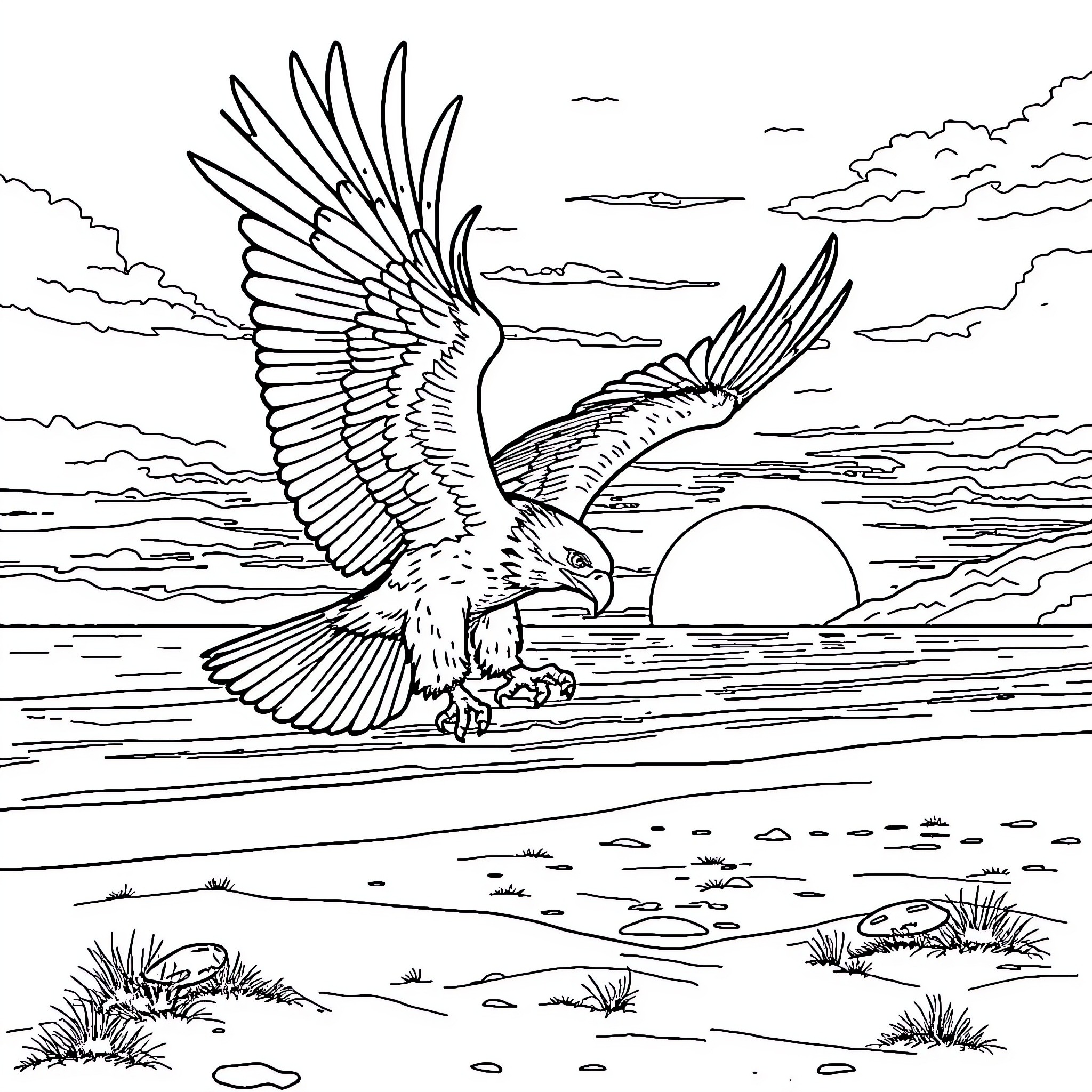 Eagle soaring gracefully over serene landscape Coloring Page (free black-and-white line drawing printable PDF for all, from beginners to advanced learners, including children, teens, adults, and seniors)