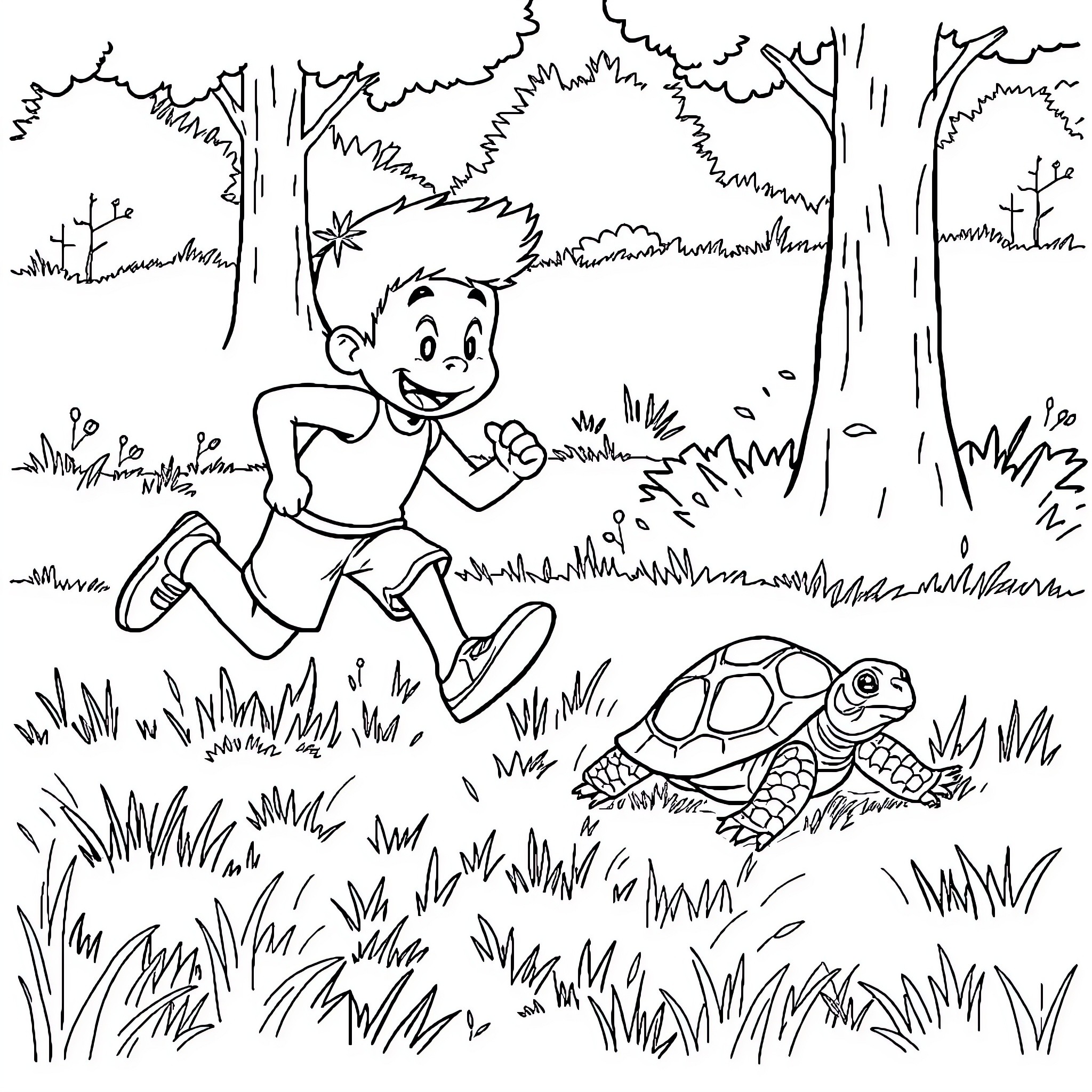 Bauman chases a turtle in the forest Coloring Page (free black-and-white line drawing printable PDF for all, from beginners to advanced learners, including children, teens, adults, and seniors)