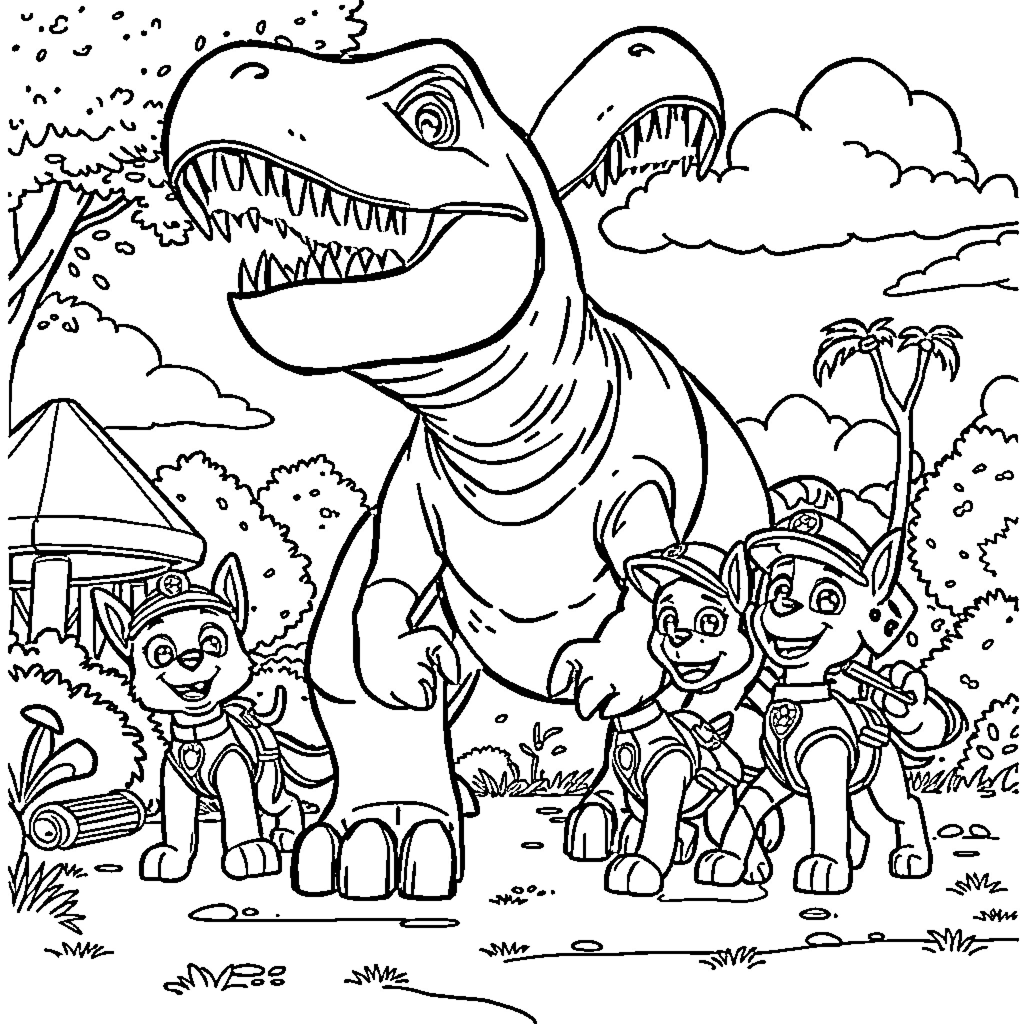 Paw Patrol Exploring with Dinosaur in the Wild Coloring Page (free black-and-white line drawing printable PDF for all, from beginners to advanced learners, including children, teens, adults, and seniors)