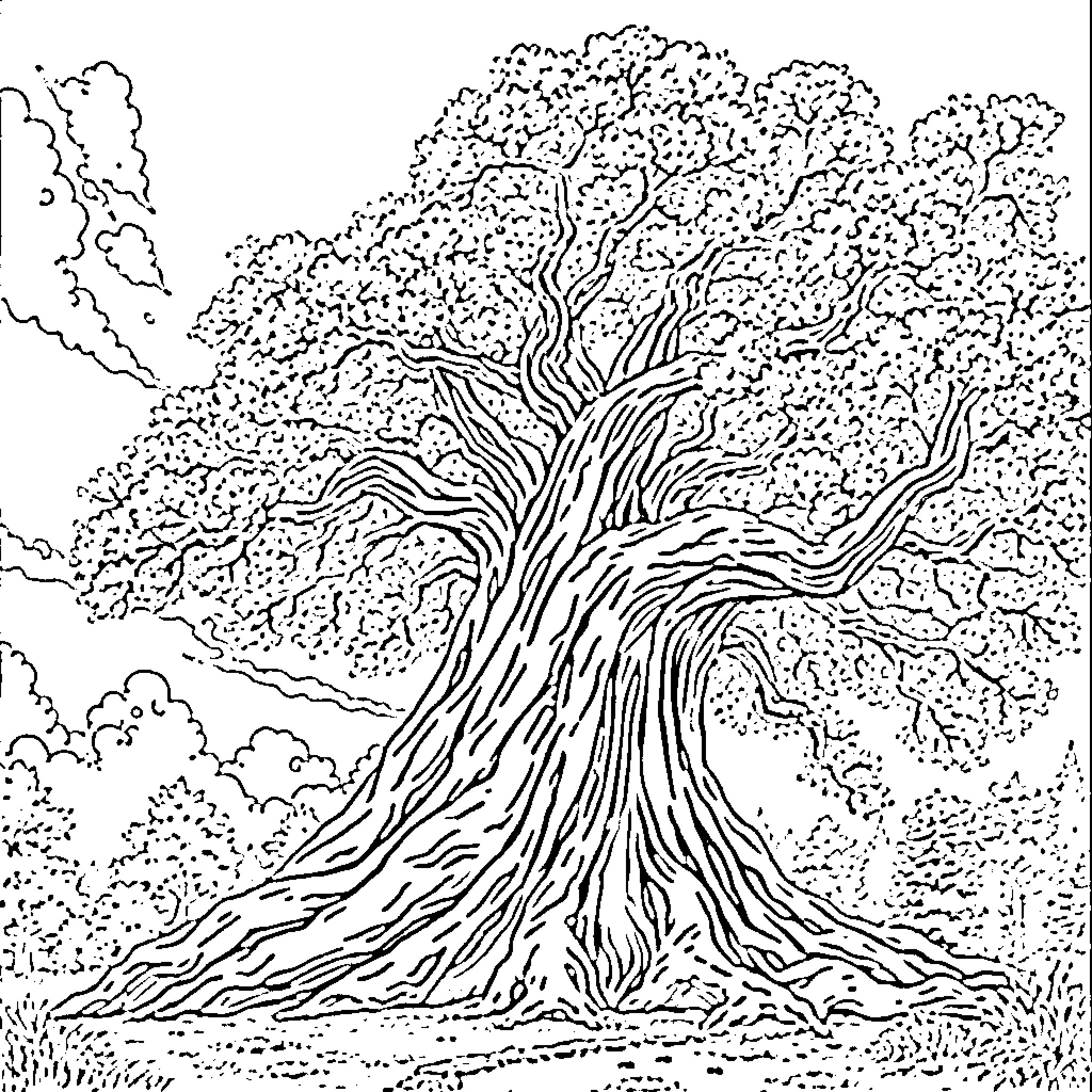 Yggdrasil, the Mighty Tree of Life in Norse Mythology Coloring Page (free black-and-white line drawing printable PDF for all, from beginners to advanced learners, including children, teens, adults, and seniors)