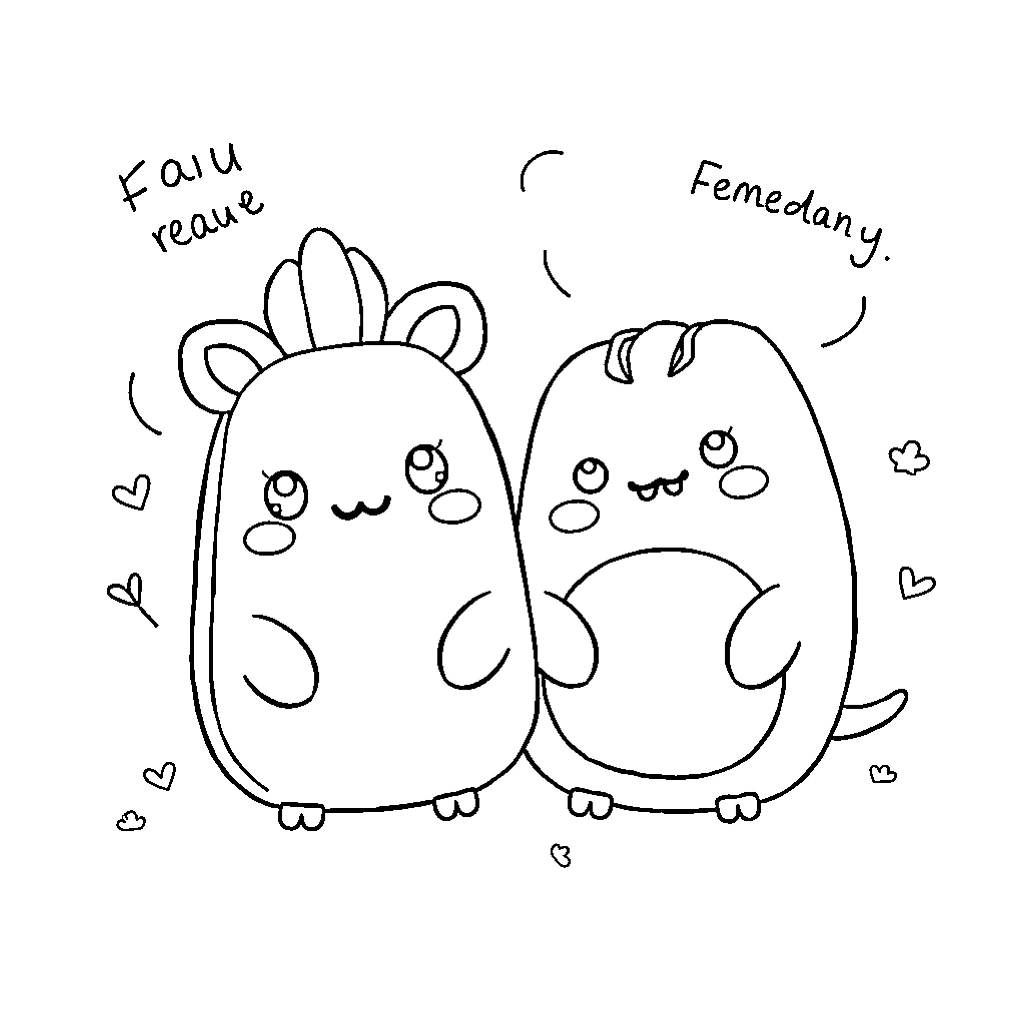 Food for cute and cheerful characters Coloring Page (free black-and-white line drawing printable PDF for all, from beginners to advanced learners, including children, teens, adults, and seniors)