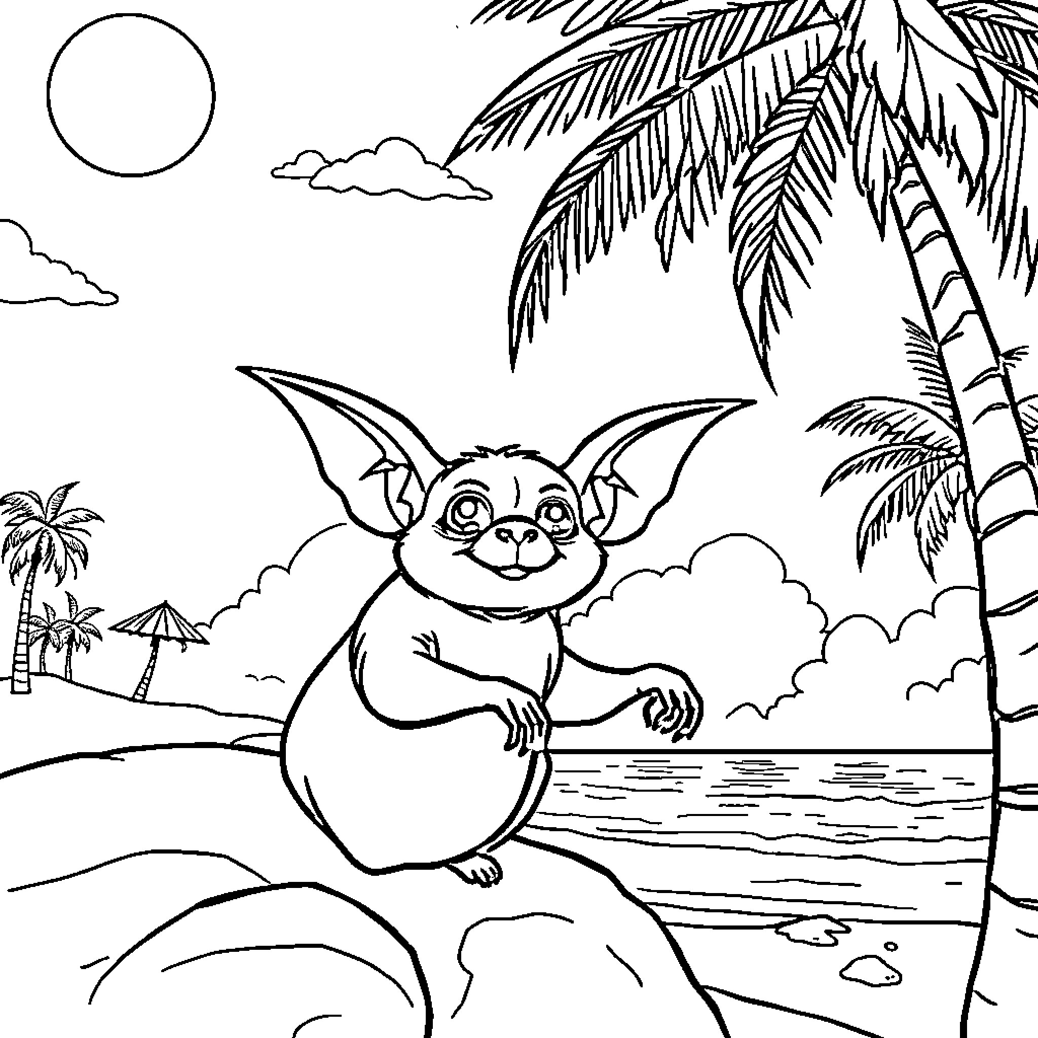 Bat enjoying a tropical beach scene Coloring Page (free black-and-white line drawing printable PDF for all, from beginners to advanced learners, including children, teens, adults, and seniors)